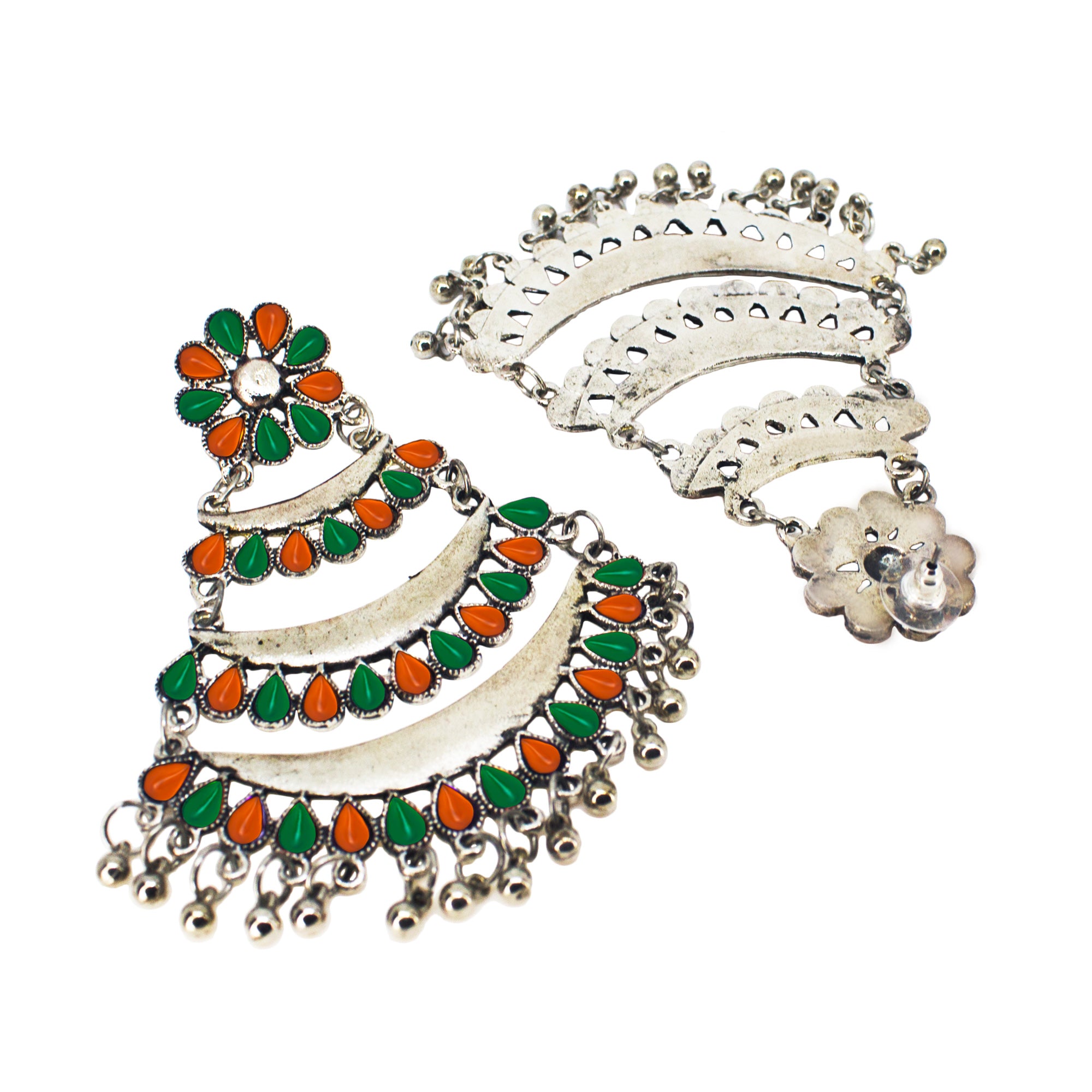Abhinn Silver Oxidised Triple Layered Multi Colour Green-Orange Dangler Earrings For Women