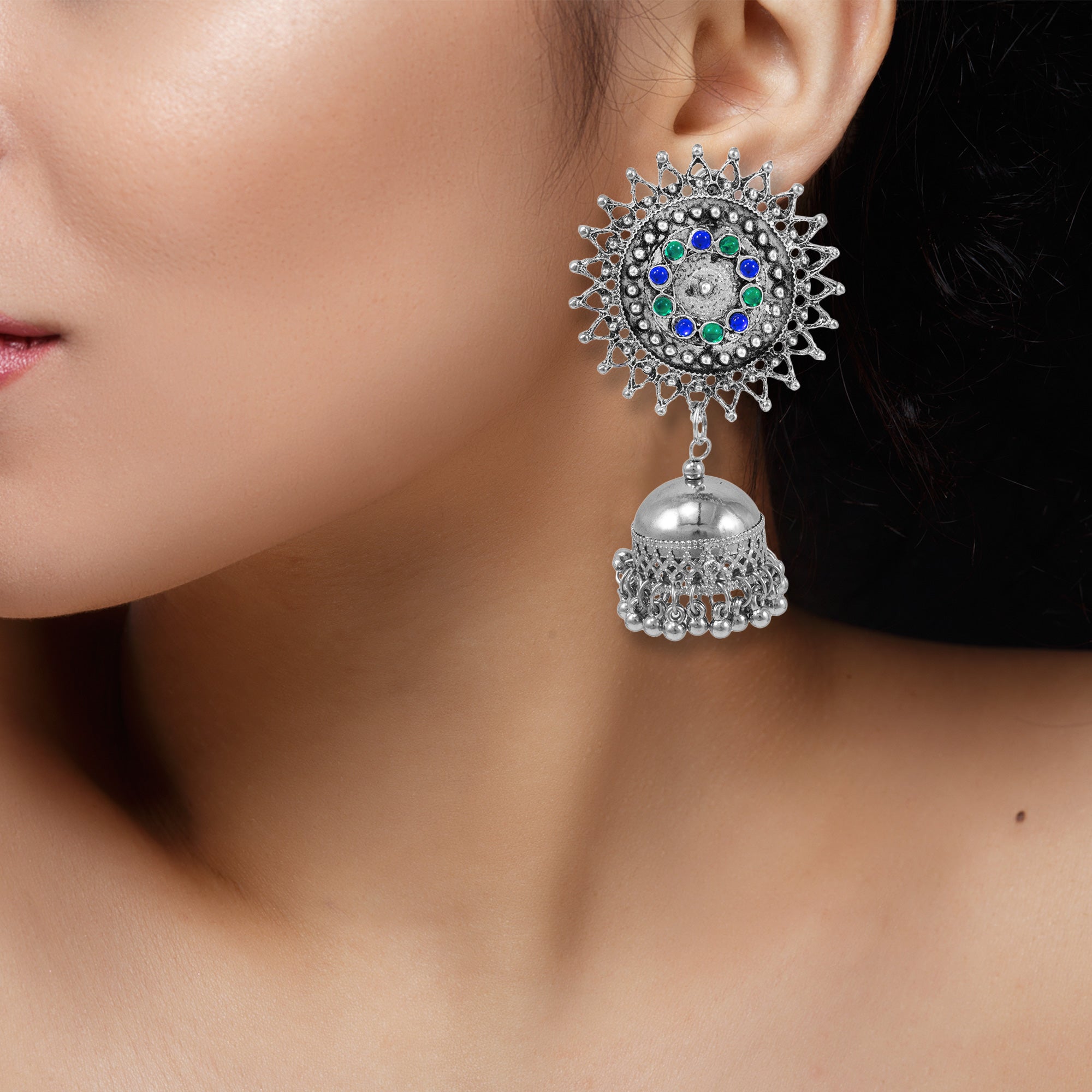 Abhinn Stylish Silver Oxidised Sun Shaped With Blue-Green Stone Jhumka Earring For Women