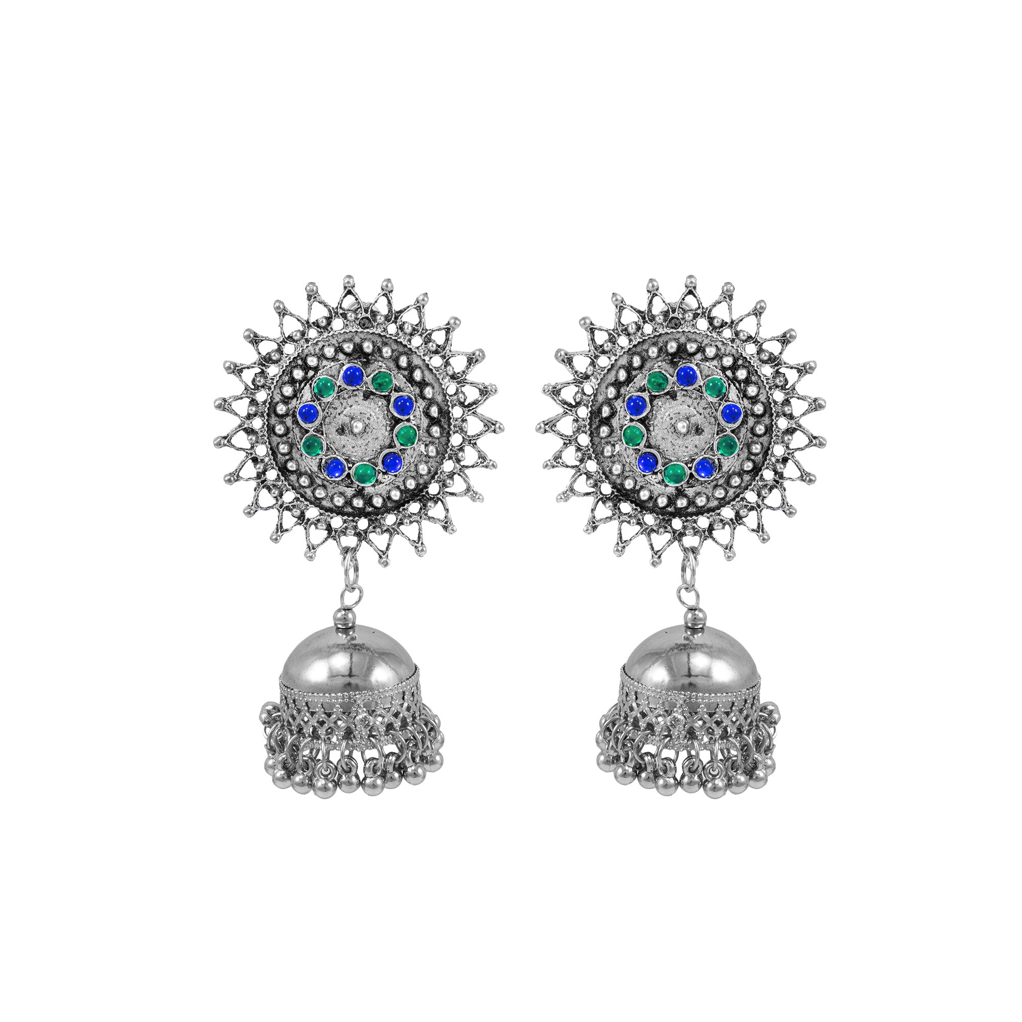 Abhinn Stylish Silver Oxidised Sun Shaped With Blue-Green Stone Jhumka Earring For Women