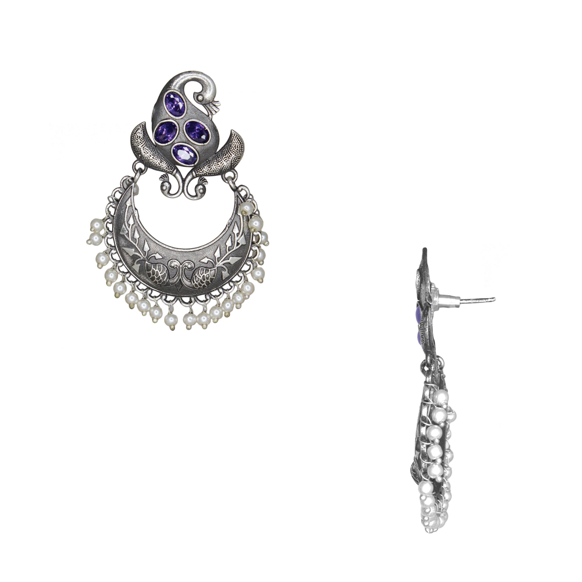 Abhinn Silver Replica Peacock Design Studs With Purple CZ Stones Studded Earrings for Women