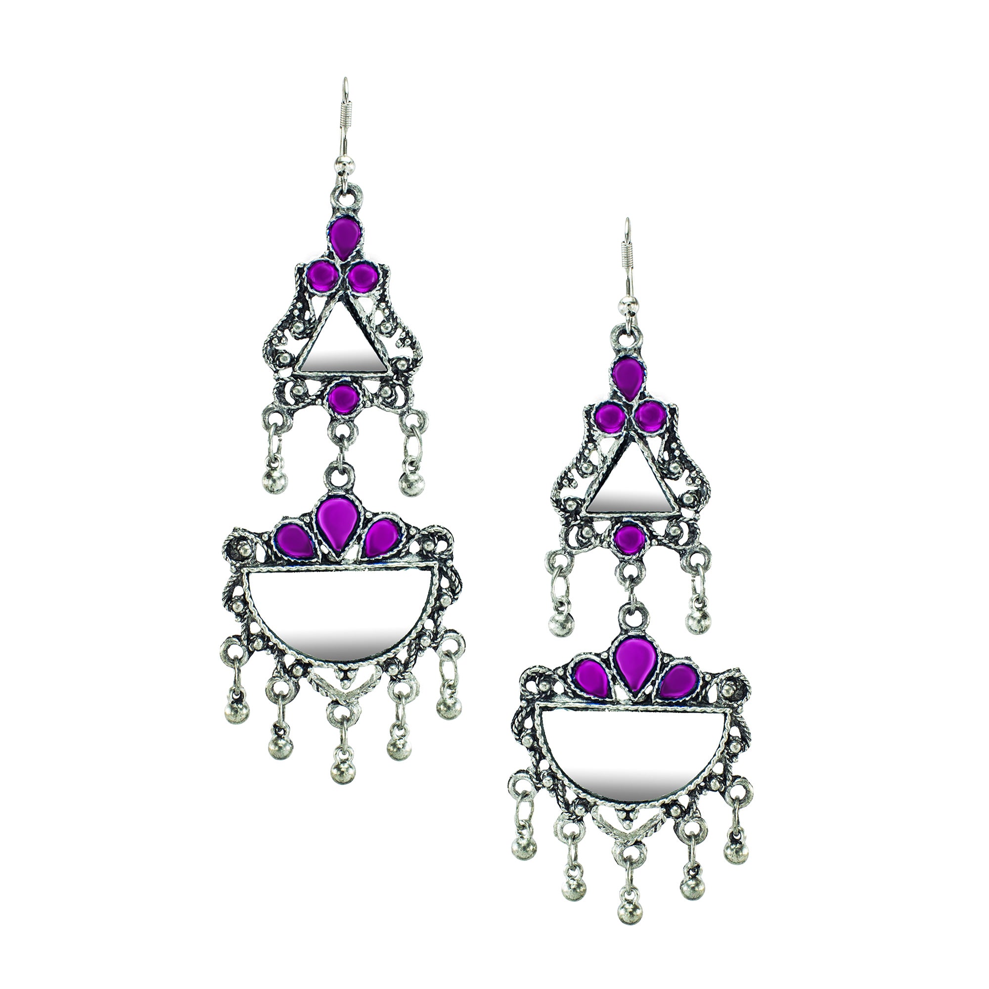 Abhinn Afghani Silver Oxidised Mirror With Purple Stones Dangler Earrings for Women