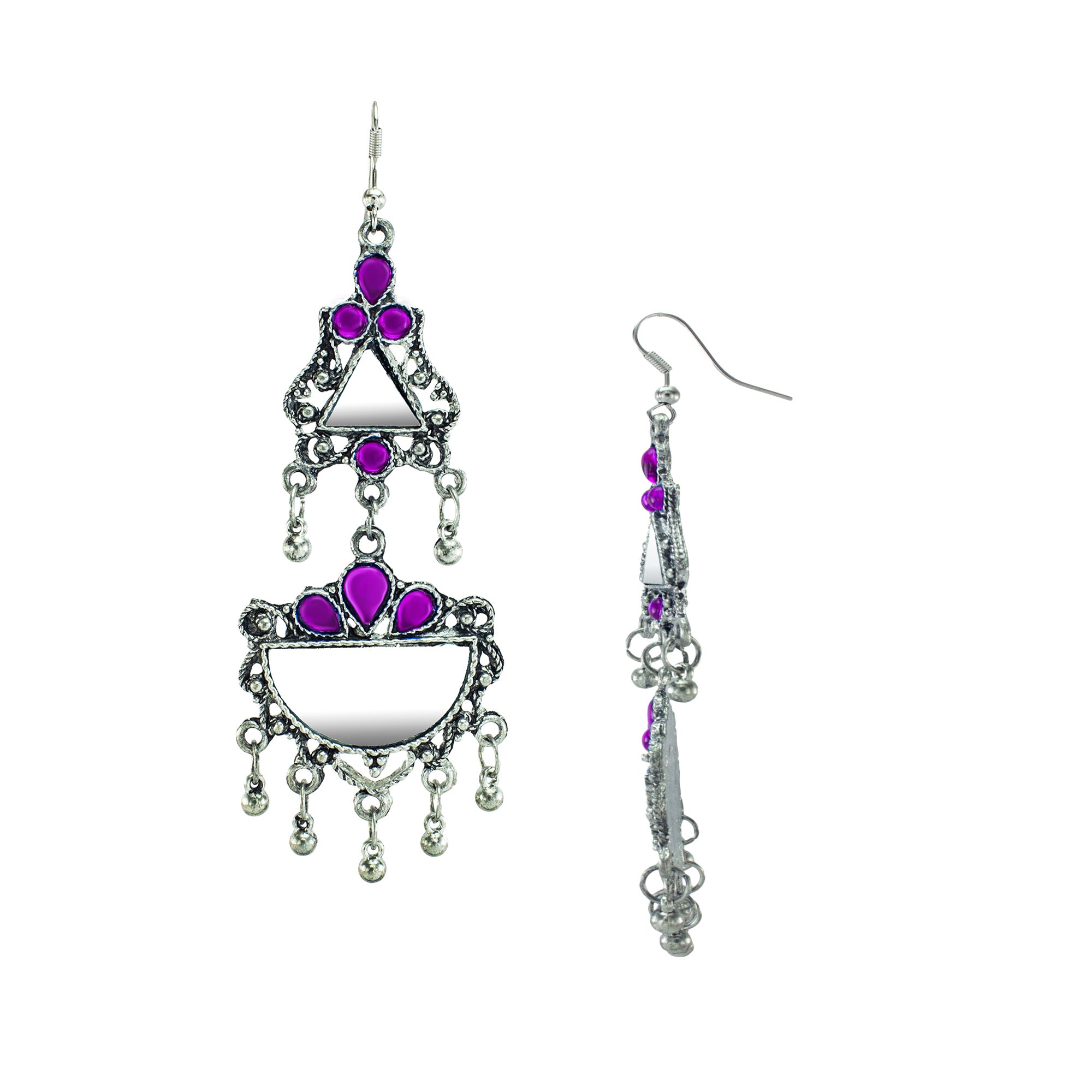 Abhinn Afghani Silver Oxidised Mirror With Purple Stones Dangler Earrings for Women