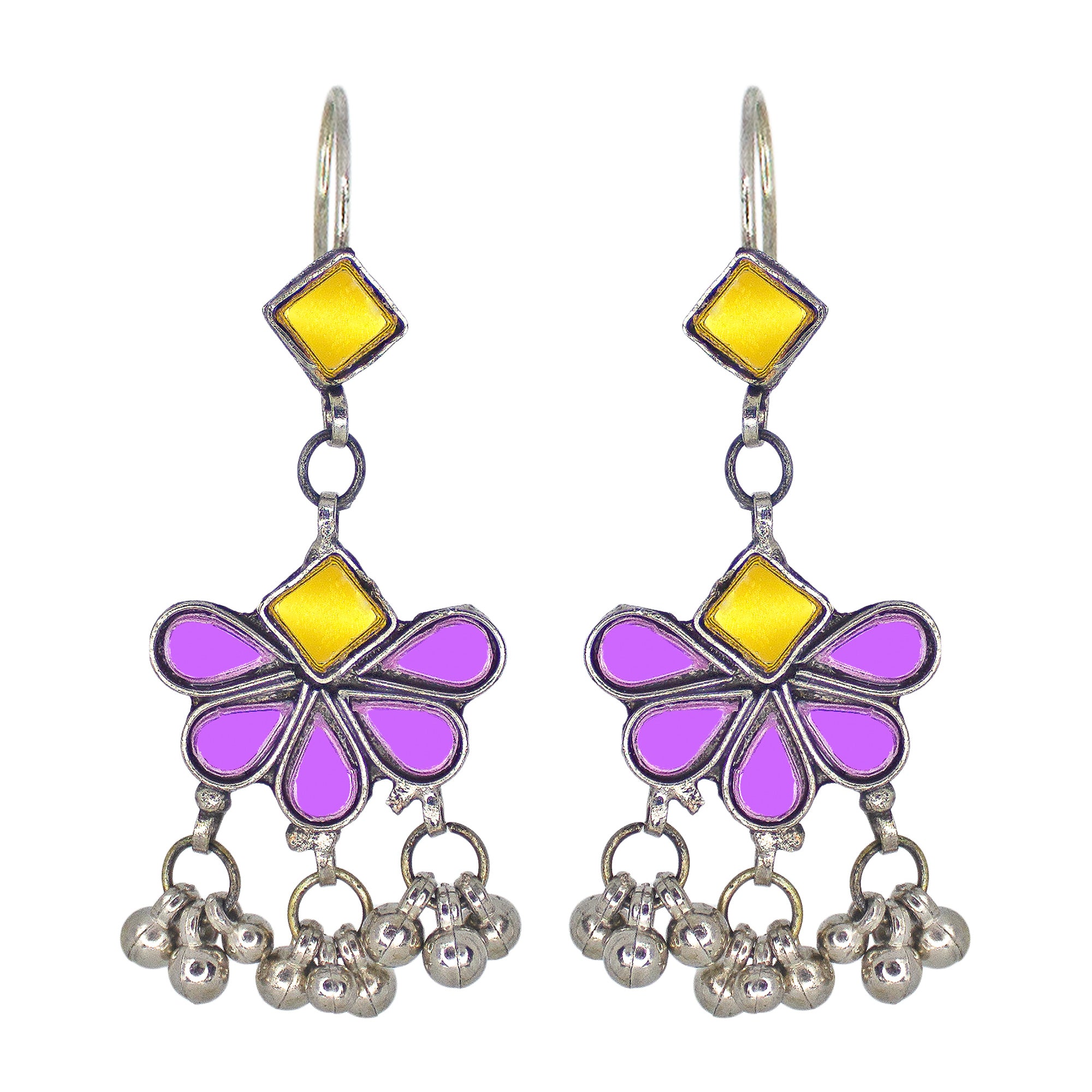 Abhinn Afghani Silver Plated Floral Design Yellow-Purple Glass Dangler Earrings For Women