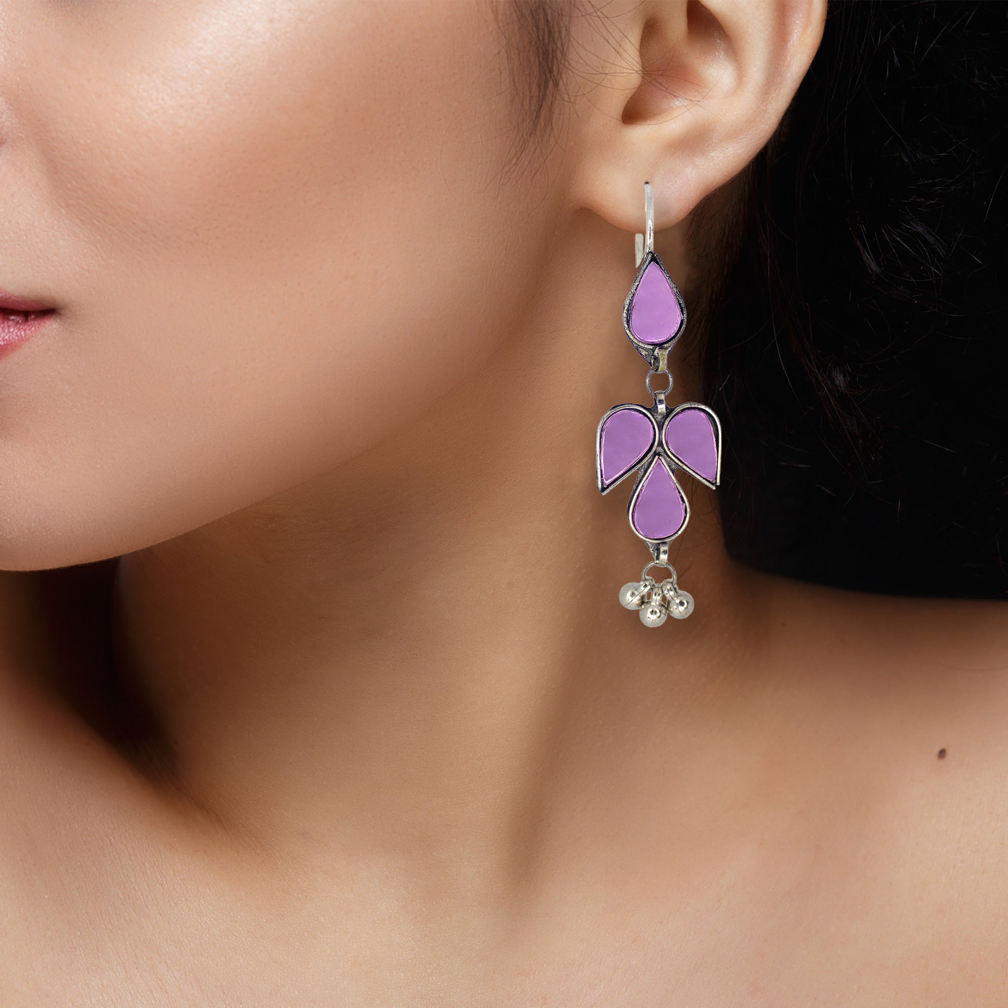 Abhinn Afghani Silver Plated Petal Shape Purple Glass Dangler Earrings For Women
