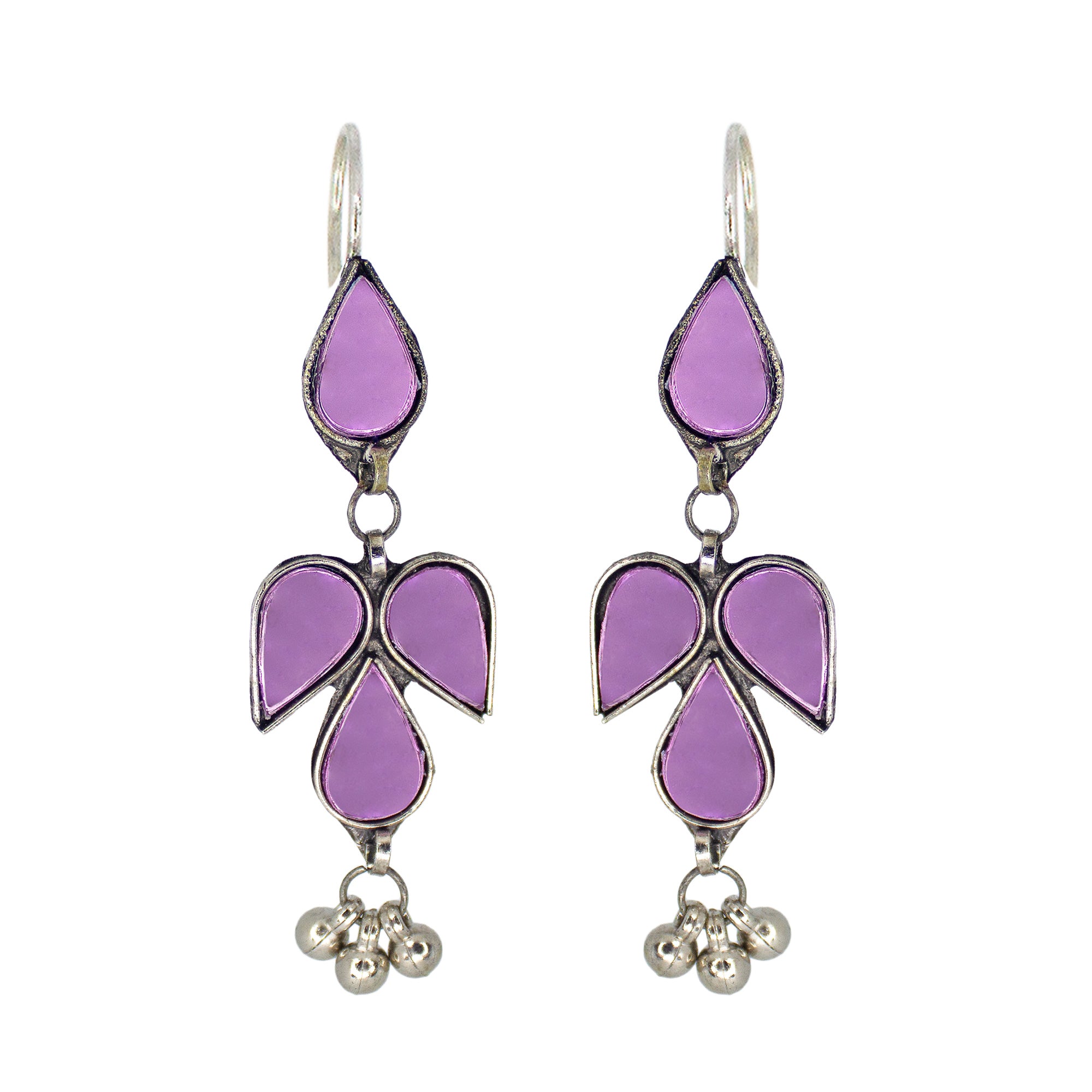Abhinn Afghani Silver Plated Petal Shape Purple Glass Dangler Earrings For Women