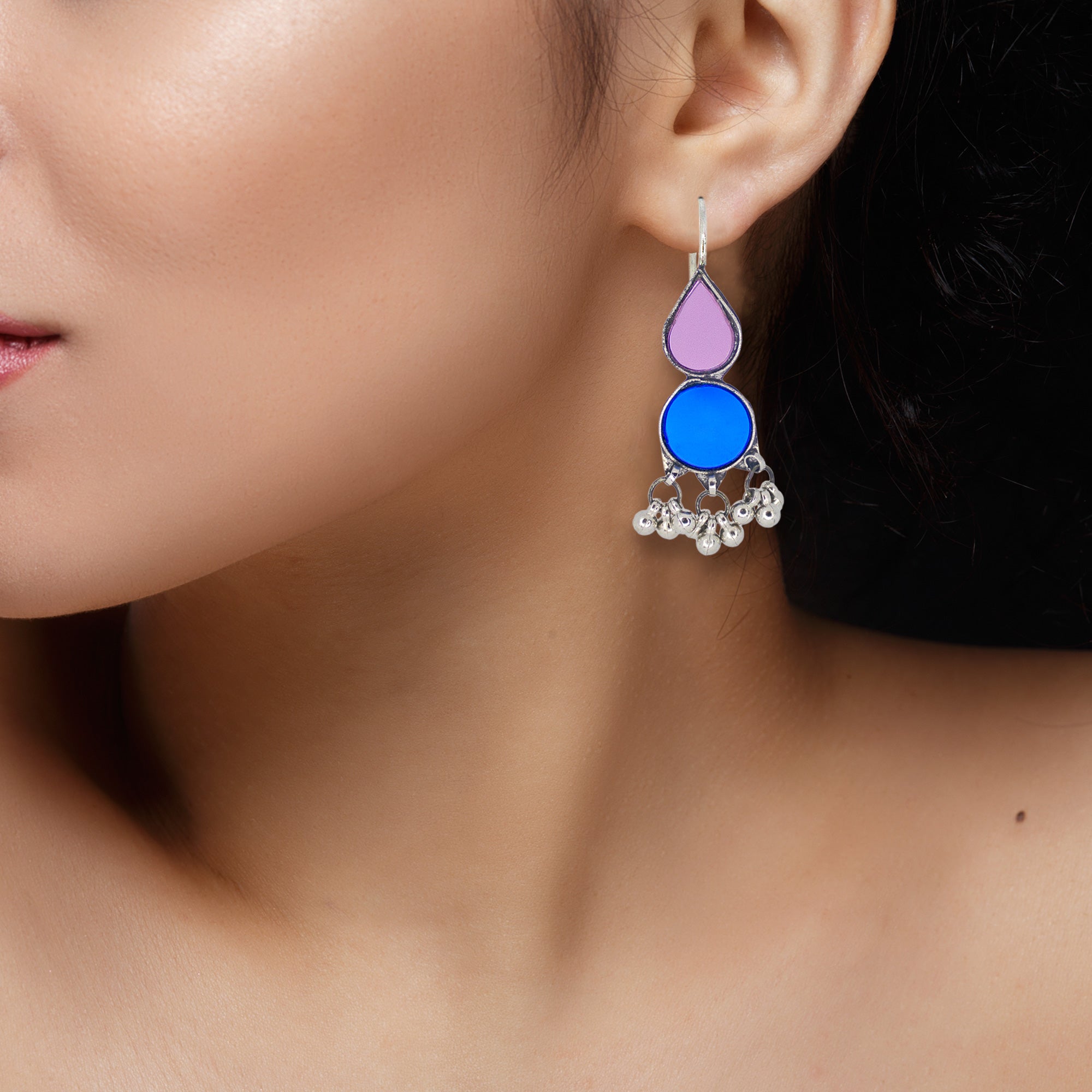 Abhinn Afghani Silver Plated Geometrical Purple-Blue Glass Dangler Earrings For Women