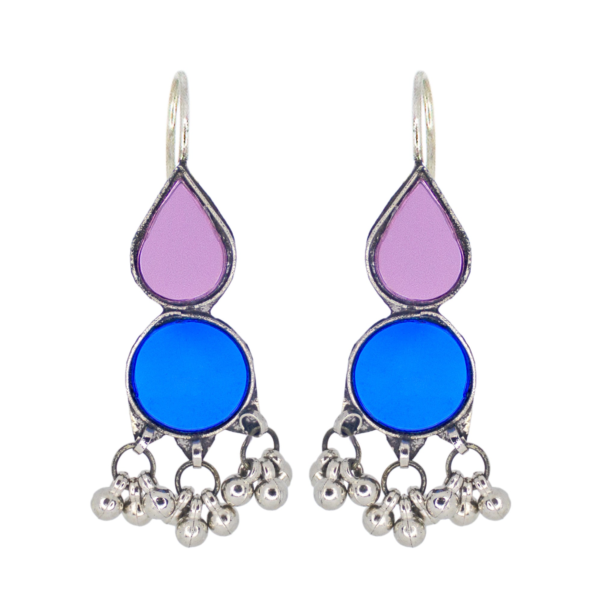 Abhinn Afghani Silver Plated Geometrical Purple-Blue Glass Dangler Earrings For Women