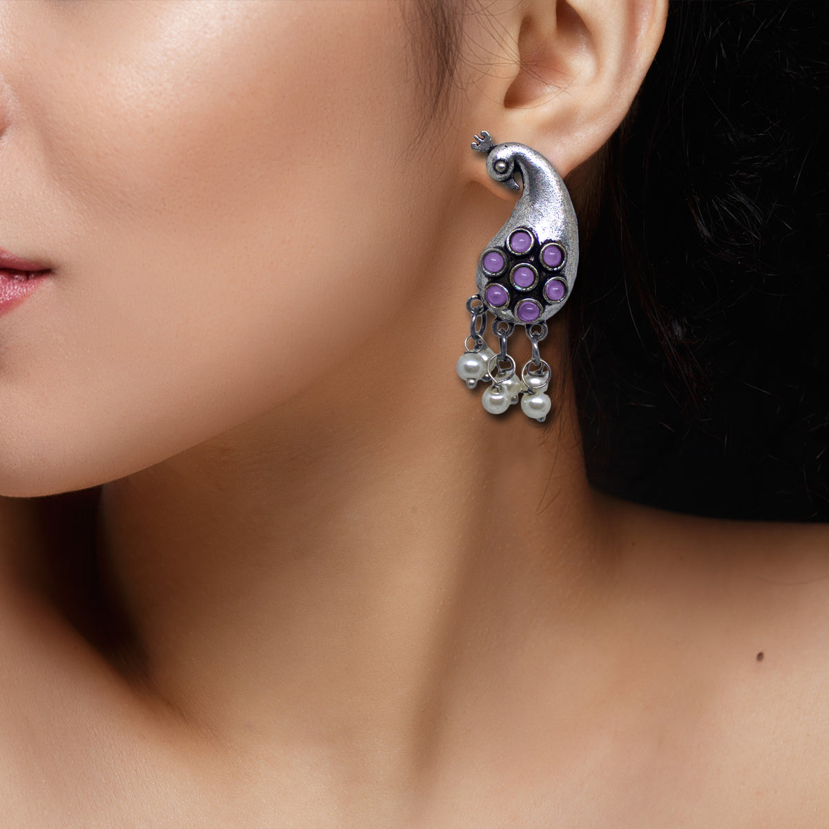 Abhinn Unique Silver Replica Peacock Design With Purple CZ Stones Stud Earrings For Women 