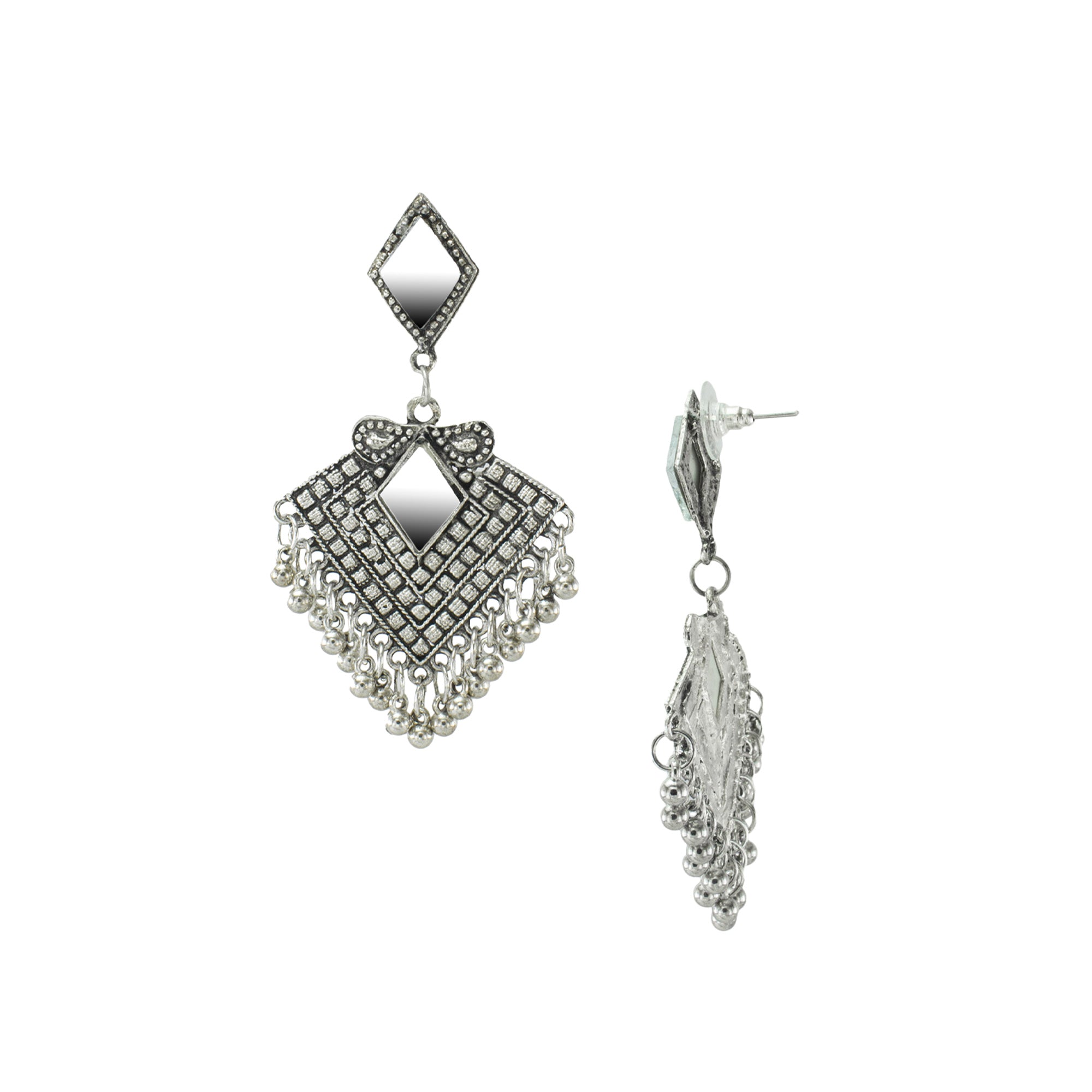 Abhinn Silver Oxidised Diamond Shaped Dangler With Mirror Earrings For Girls