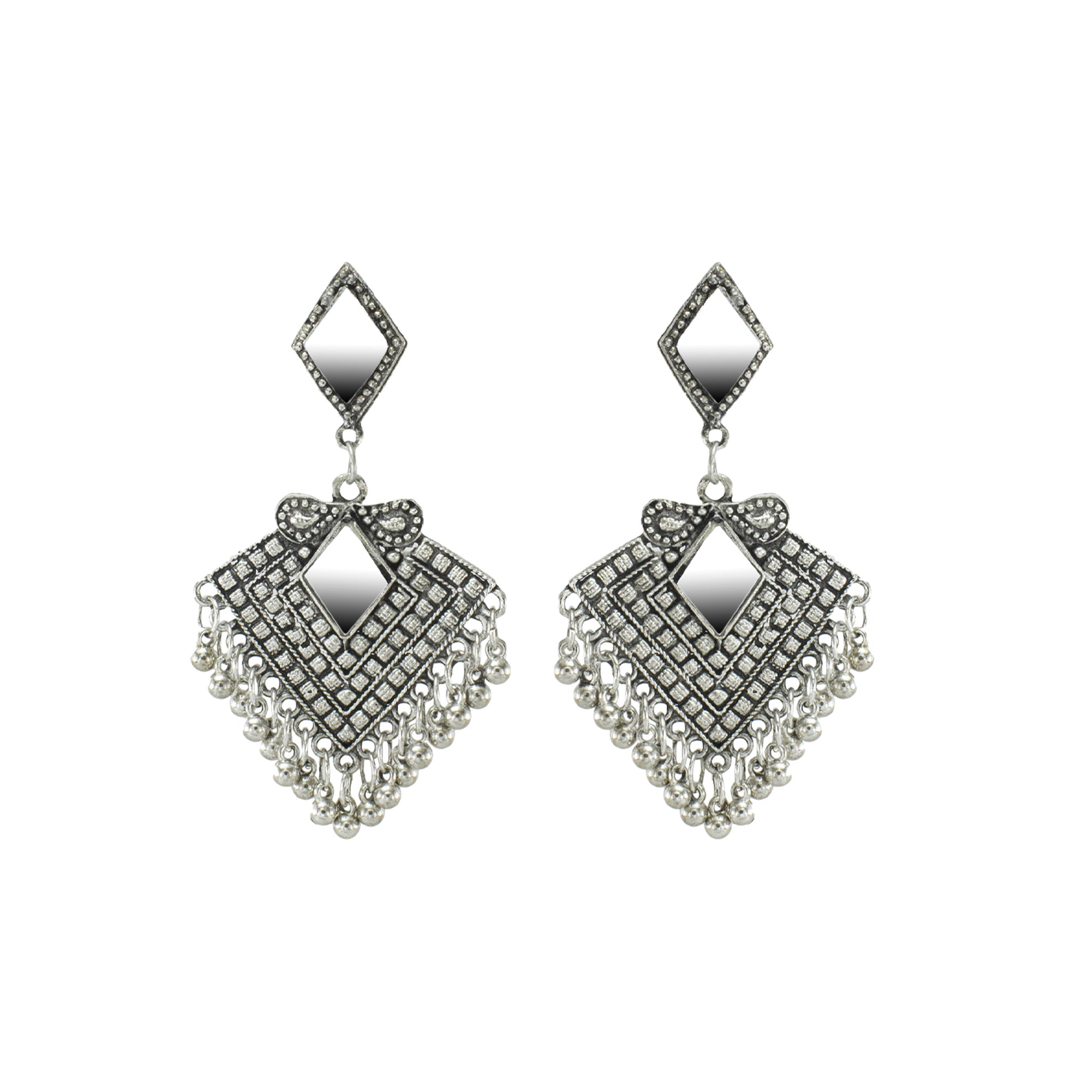 Abhinn Silver Oxidised Diamond Shaped Dangler With Mirror Earrings For Girls