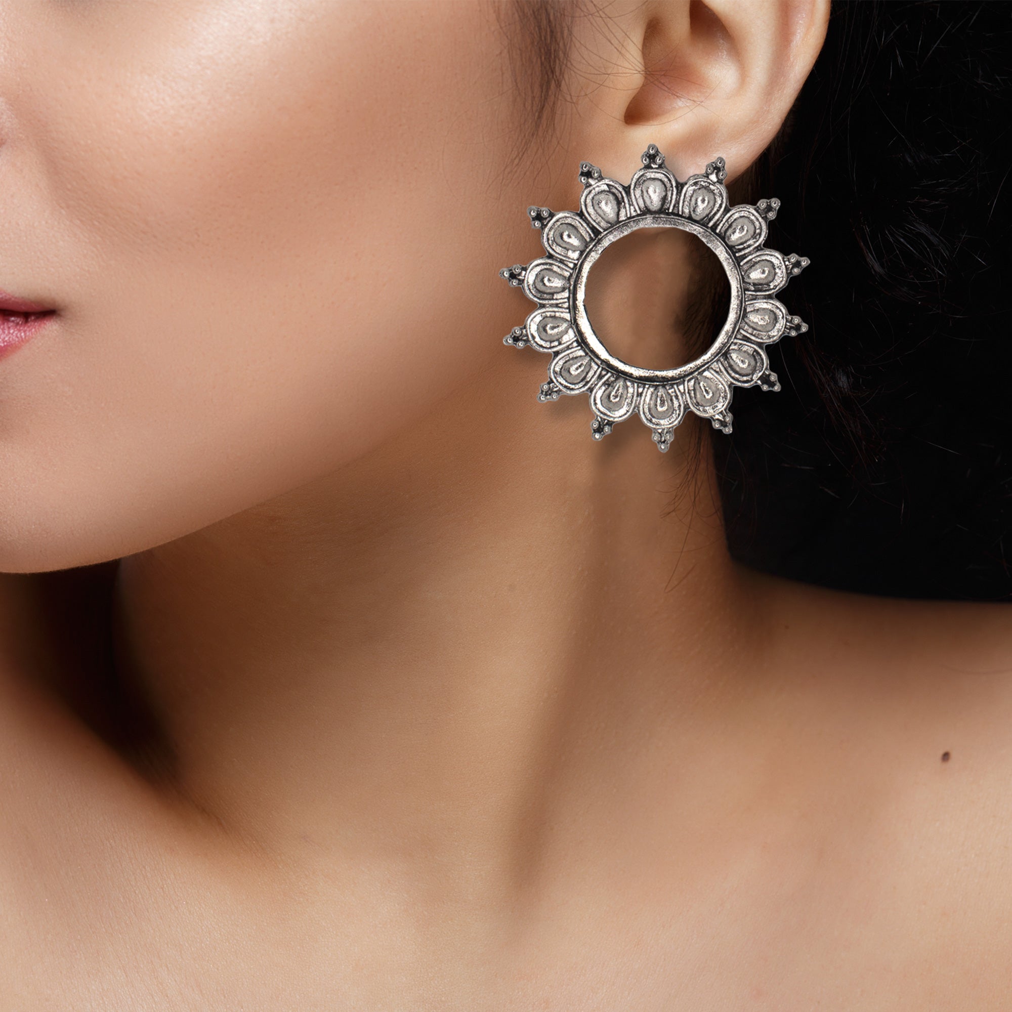 Abhinn Unique Silver Oxidised Sun Shaped Stud Earrings For Women