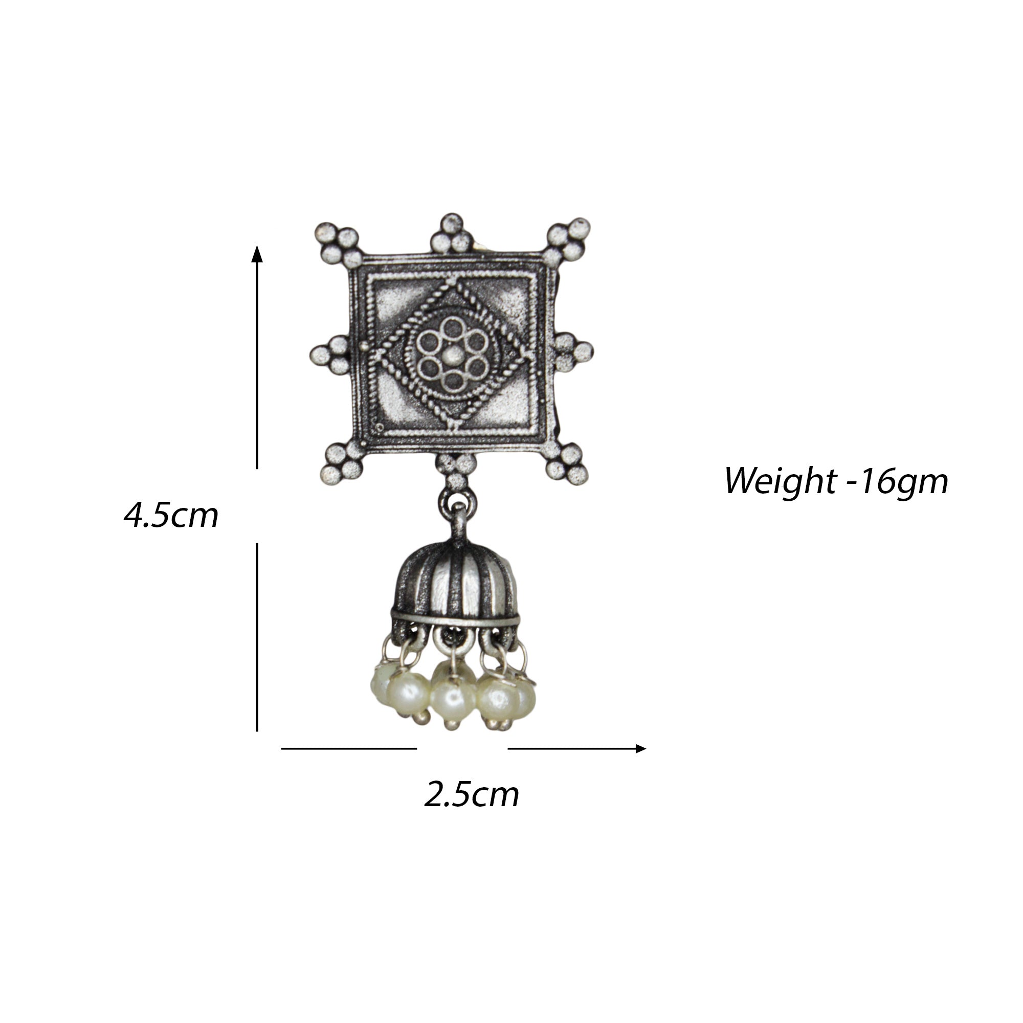 Abhinn Silver Replica Square Shape Studs With Small Jhumki Earrings For Women