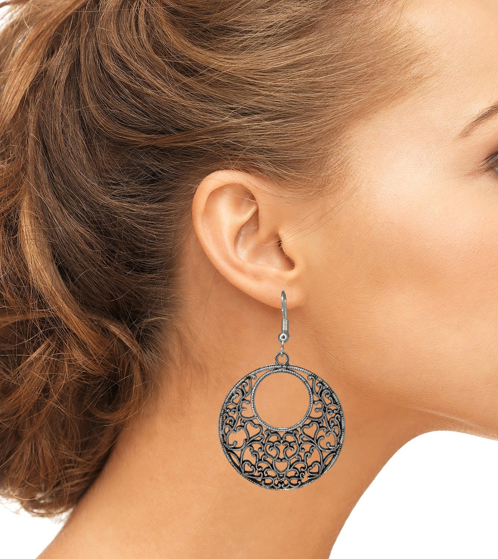 Abhinn Silver Oxidised Western Floral Design Hoops Earrings For Girls