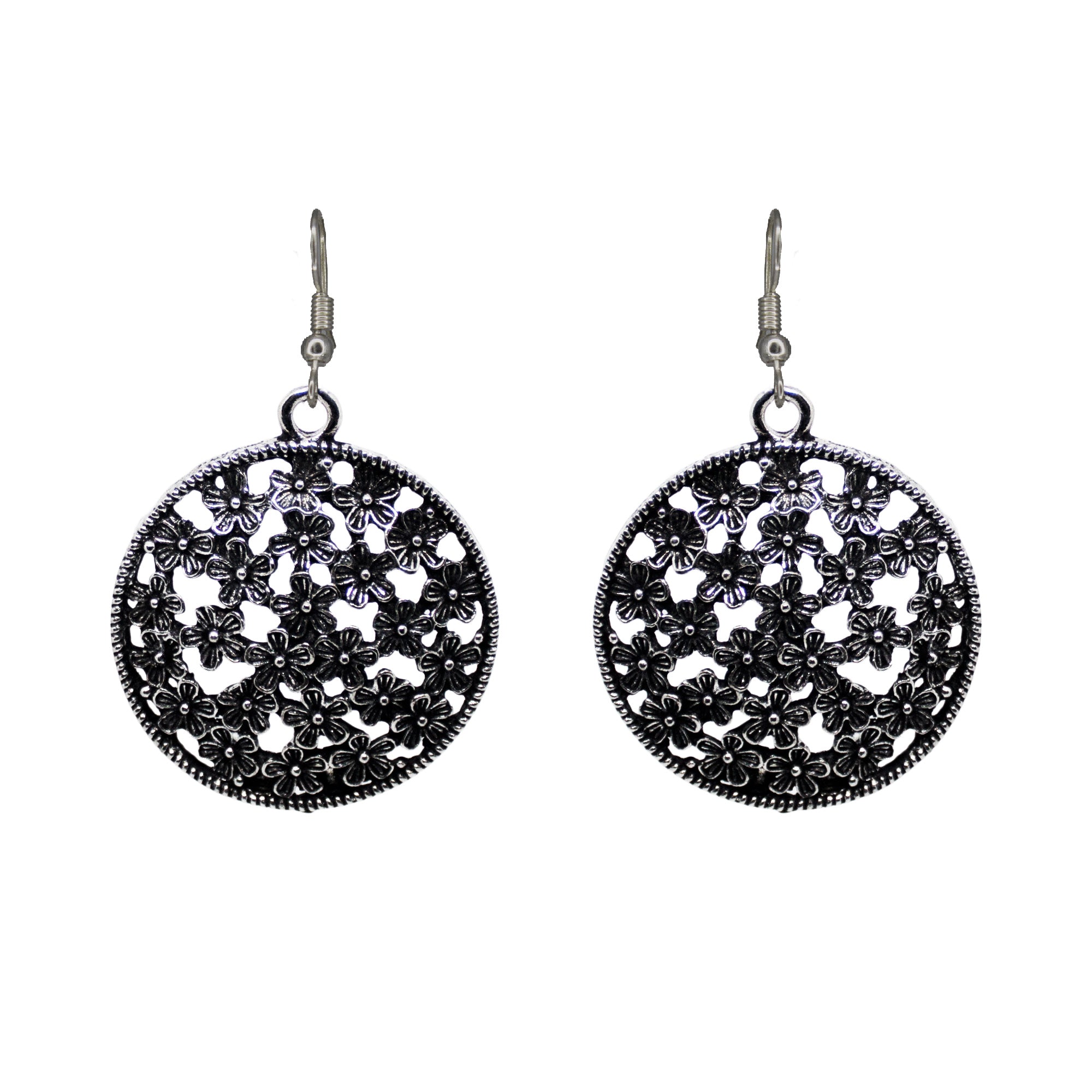 Abhinn Floral Design Silver Oxidised Drop Earrings For Girls