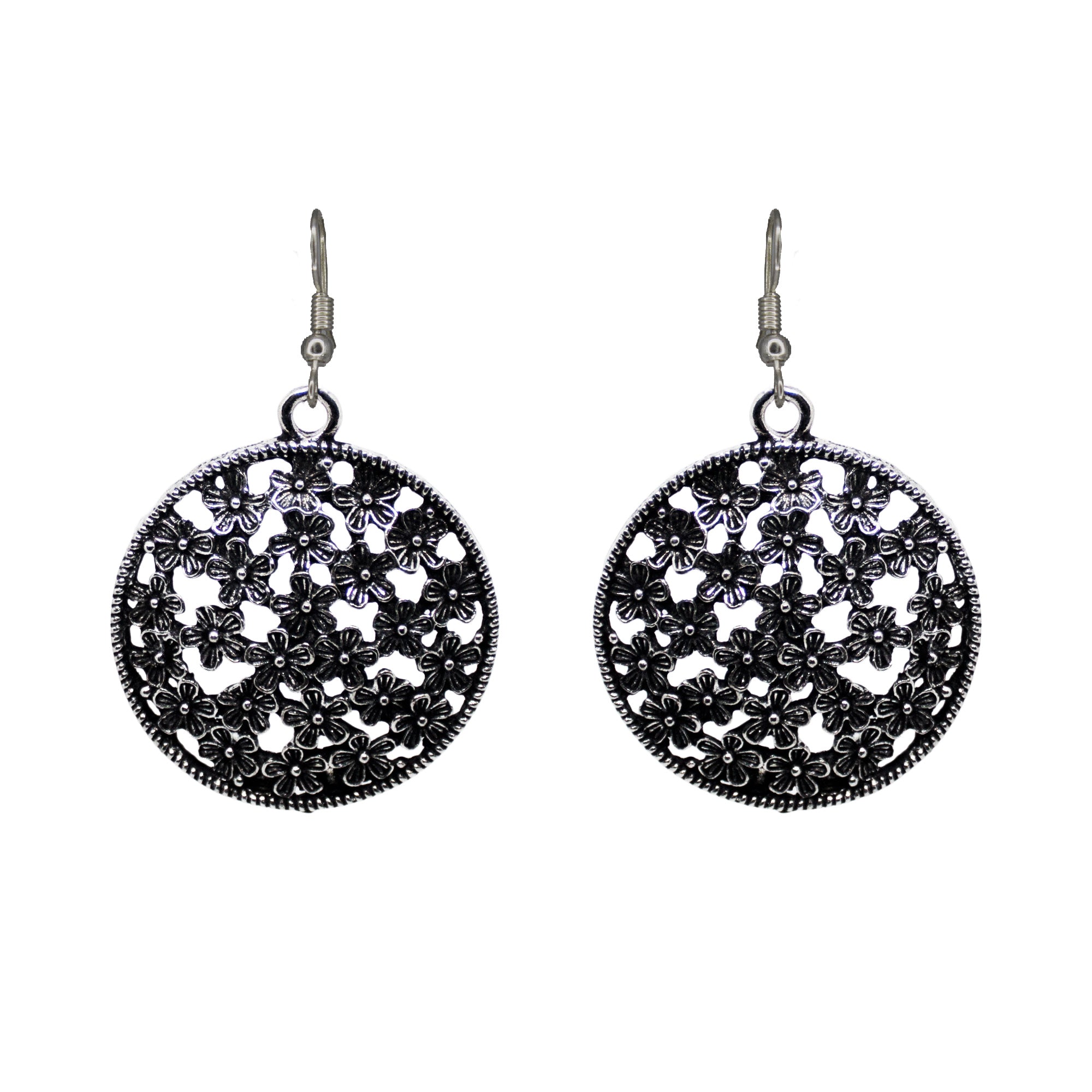 Abhinn Floral Design Silver Oxidised Drop Earrings For Girls