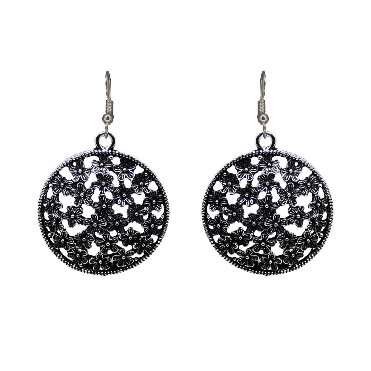 Abhinn Floral Design Silver Oxidised Drop Earrings For Girls
