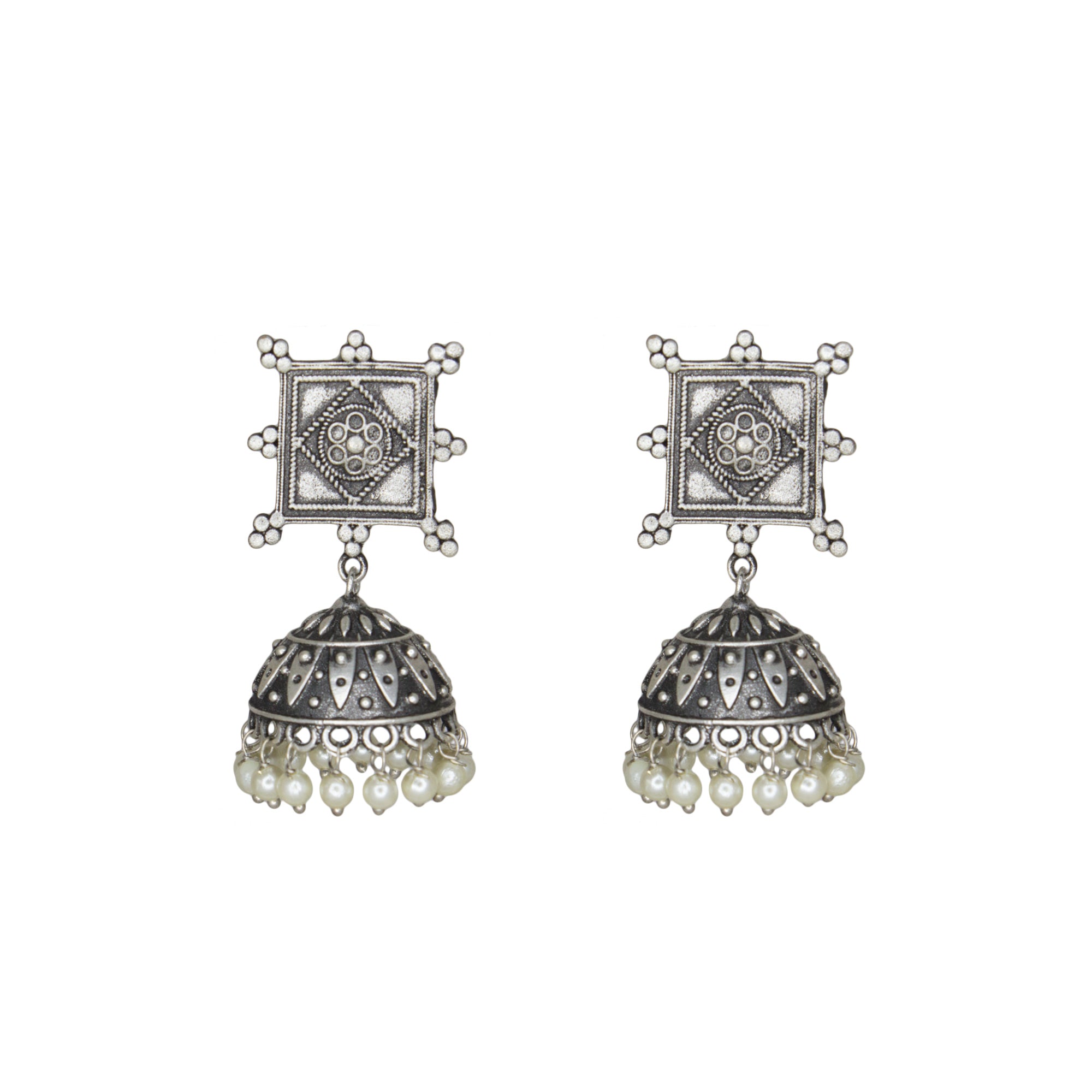 Abhinn Silver Replica Temple Design Square Shape Studs With Jhumki For Women 