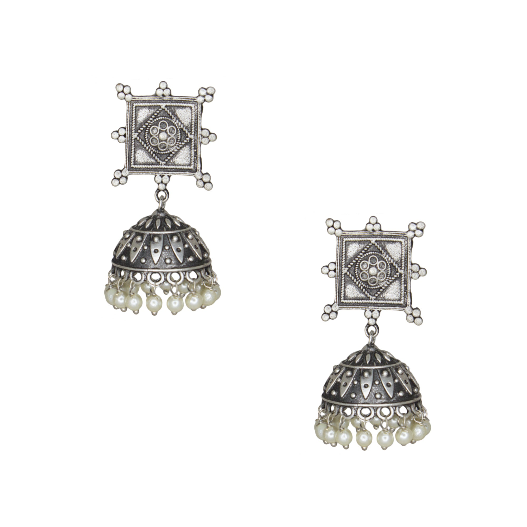 Abhinn Silver Replica Temple Design Square Shape Studs With Jhumki For Women 