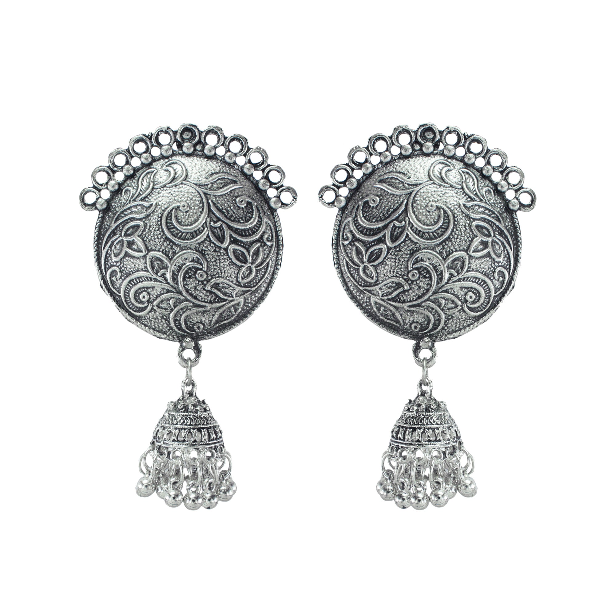Abhinn Stylish Silver Oxidized Circular Stud With Jhumki Earrings for Women