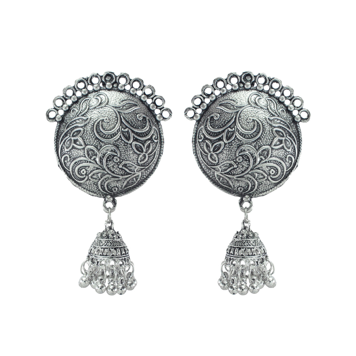 Abhinn Stylish Silver Oxidized Circular Stud With Jhumki Earrings for Women