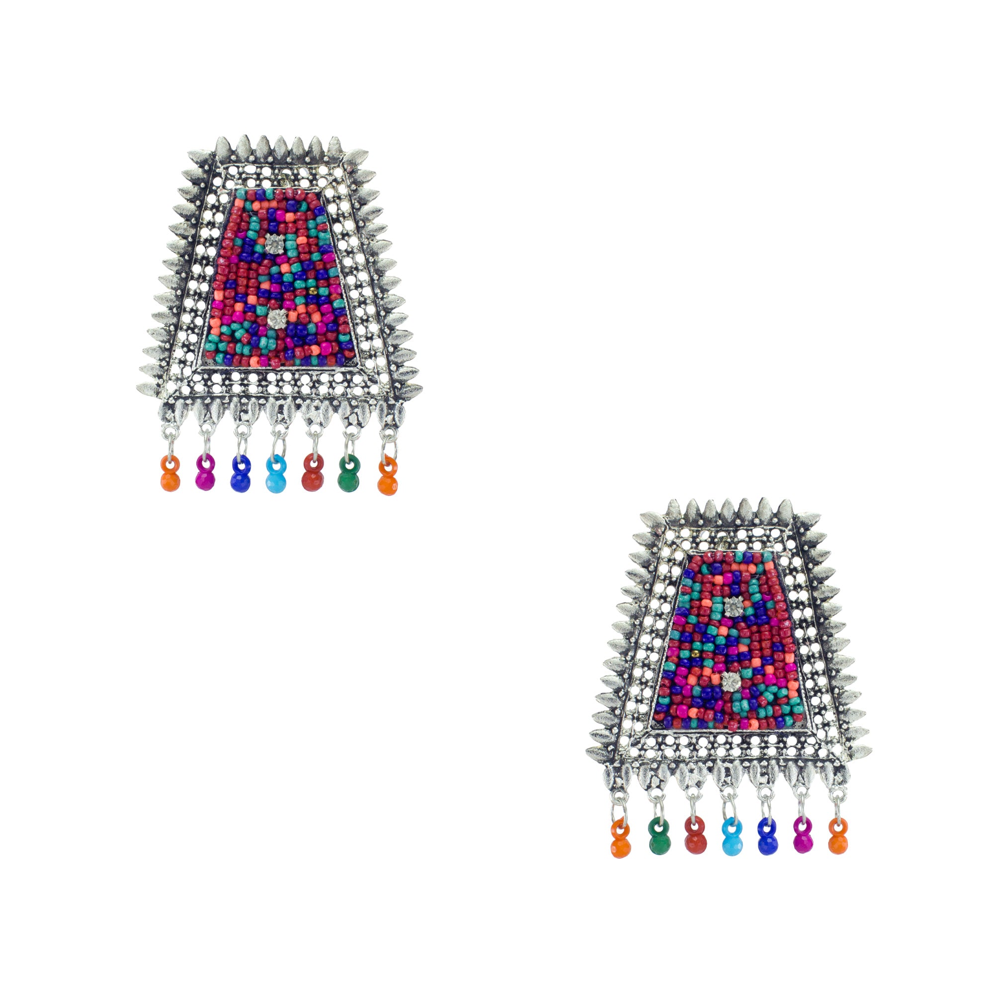 Abhinn Silver Oxidised Multi Colour Beaded Studs Earrings For Women