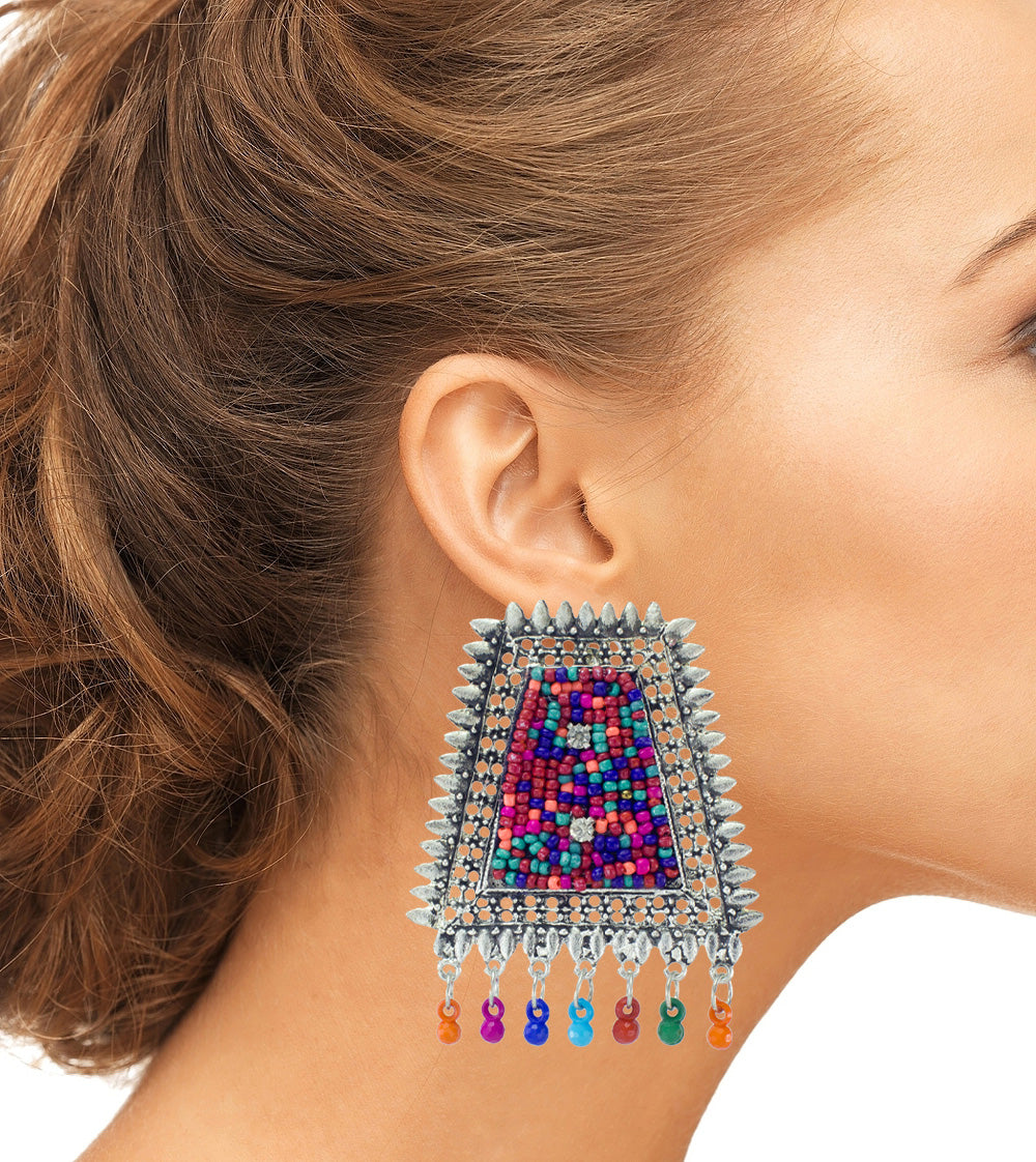 Abhinn Silver Oxidised Multi Colour Beaded Studs Earrings For Women