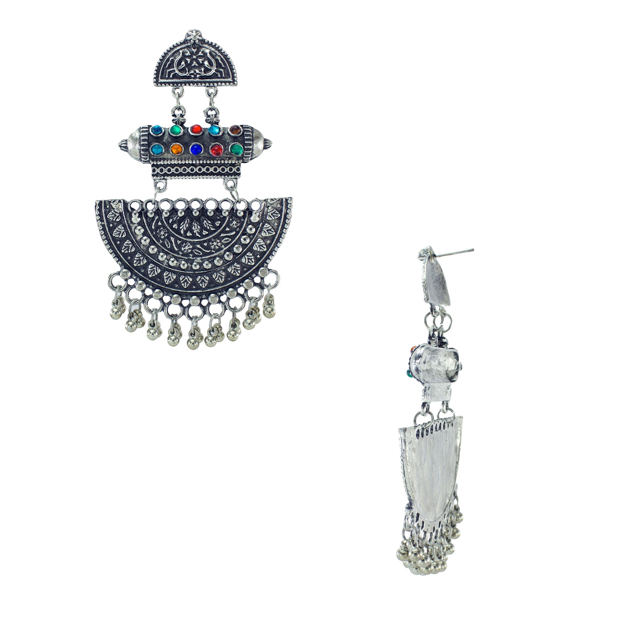 Abhinn Silver Oxidised Temple Design Multi Colour Dangler Earring For Women