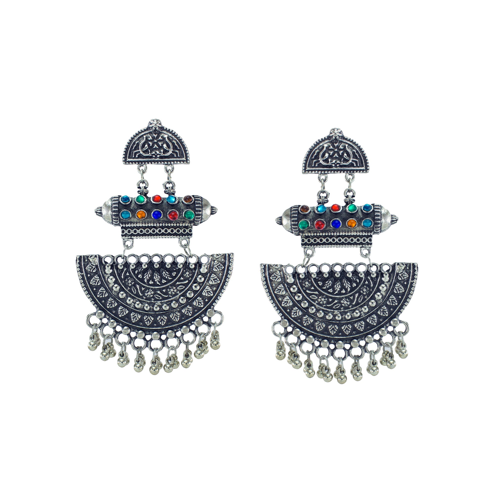 Abhinn Silver Oxidised Temple Design Multi Colour Dangler Earring For Women 