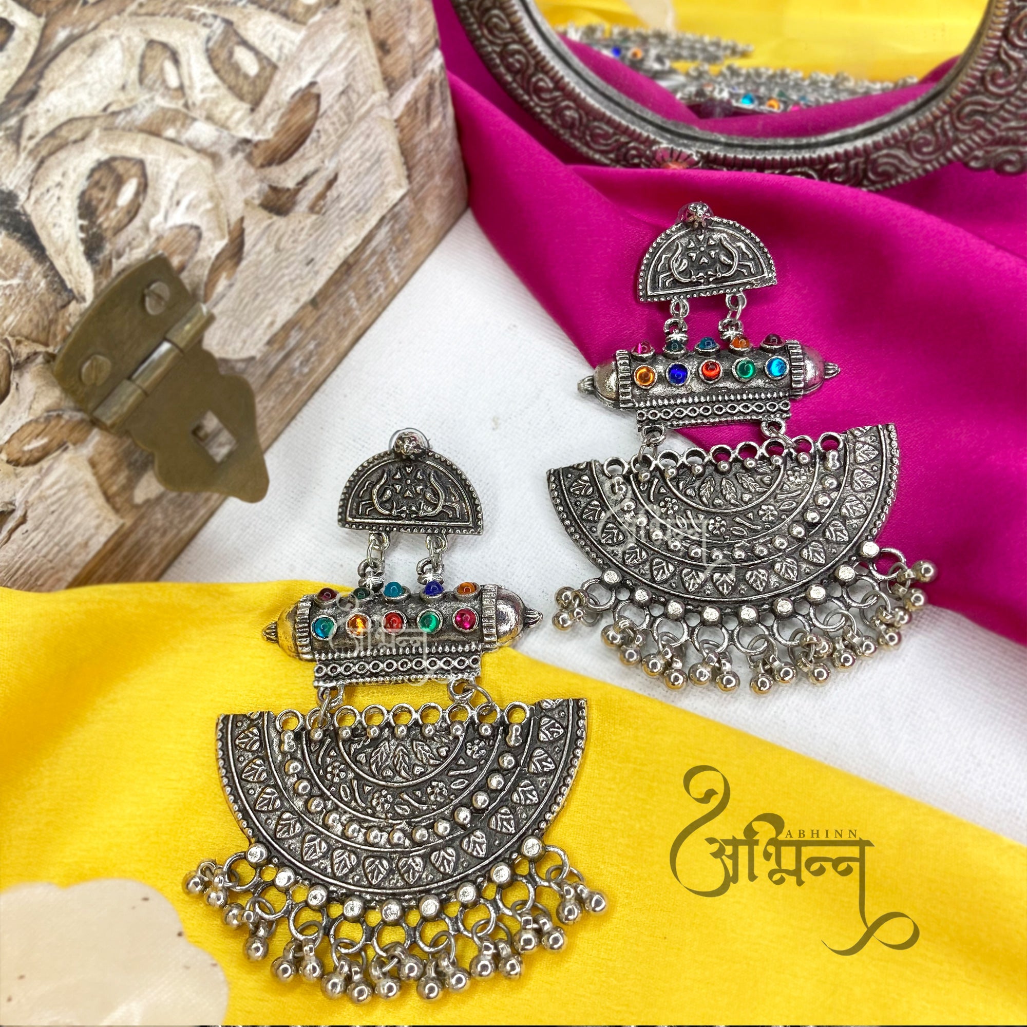 Abhinn Silver Oxidised Temple Design Multi Colour Dangler Earring For Women