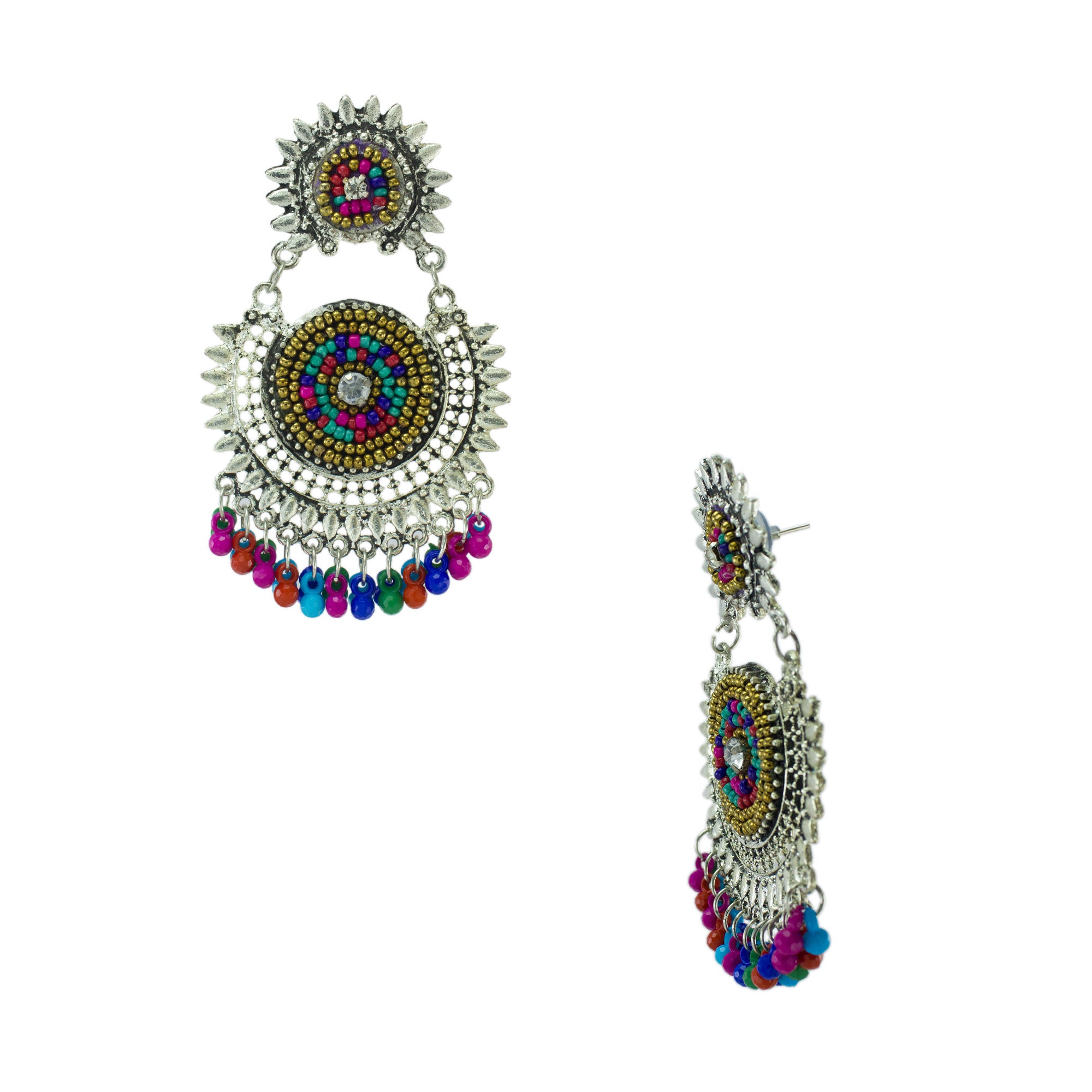 Abhinn Silver Oxidised With Multi Colour Beads Embroidery Earrings For Women