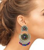 Abhinn Silver Oxidised With Multi Colour Beads Embroidery Earrings For Women