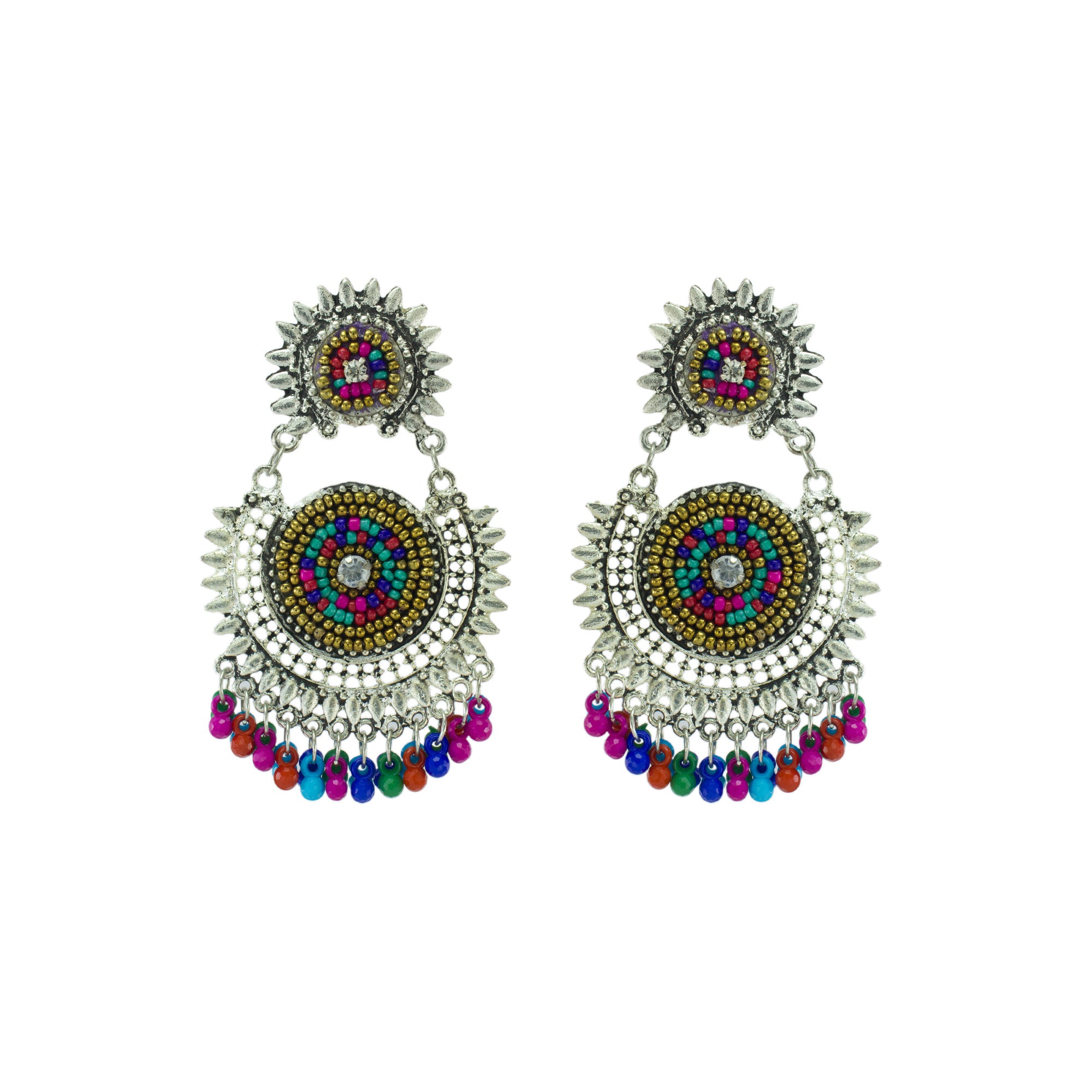 Abhinn Silver Oxidised With Multi Colour Beads Embroidery Earrings For Women