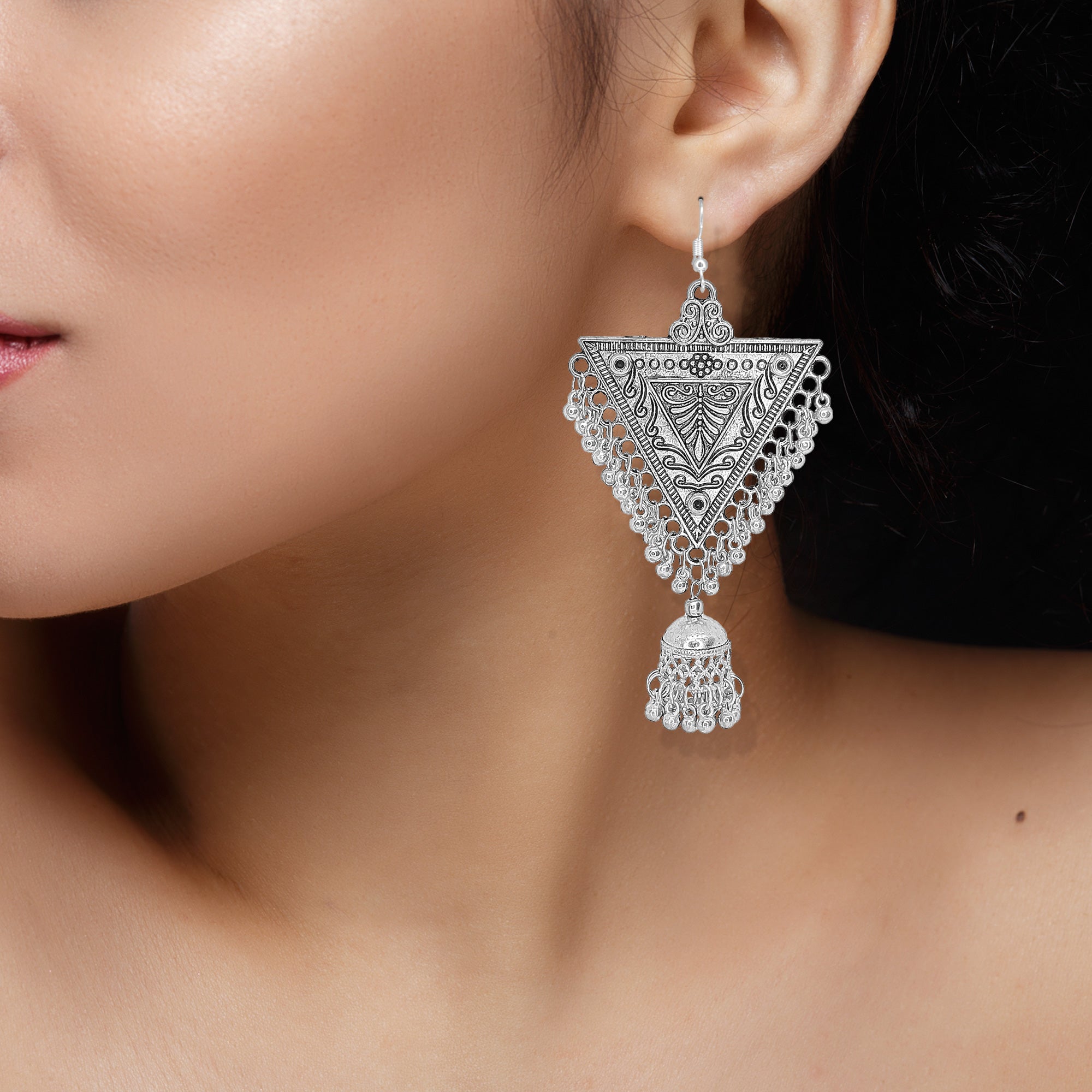 Abhinn Silver  Plated Oxidised Triangle Shape Dangler & Jhumki Earrings For Women