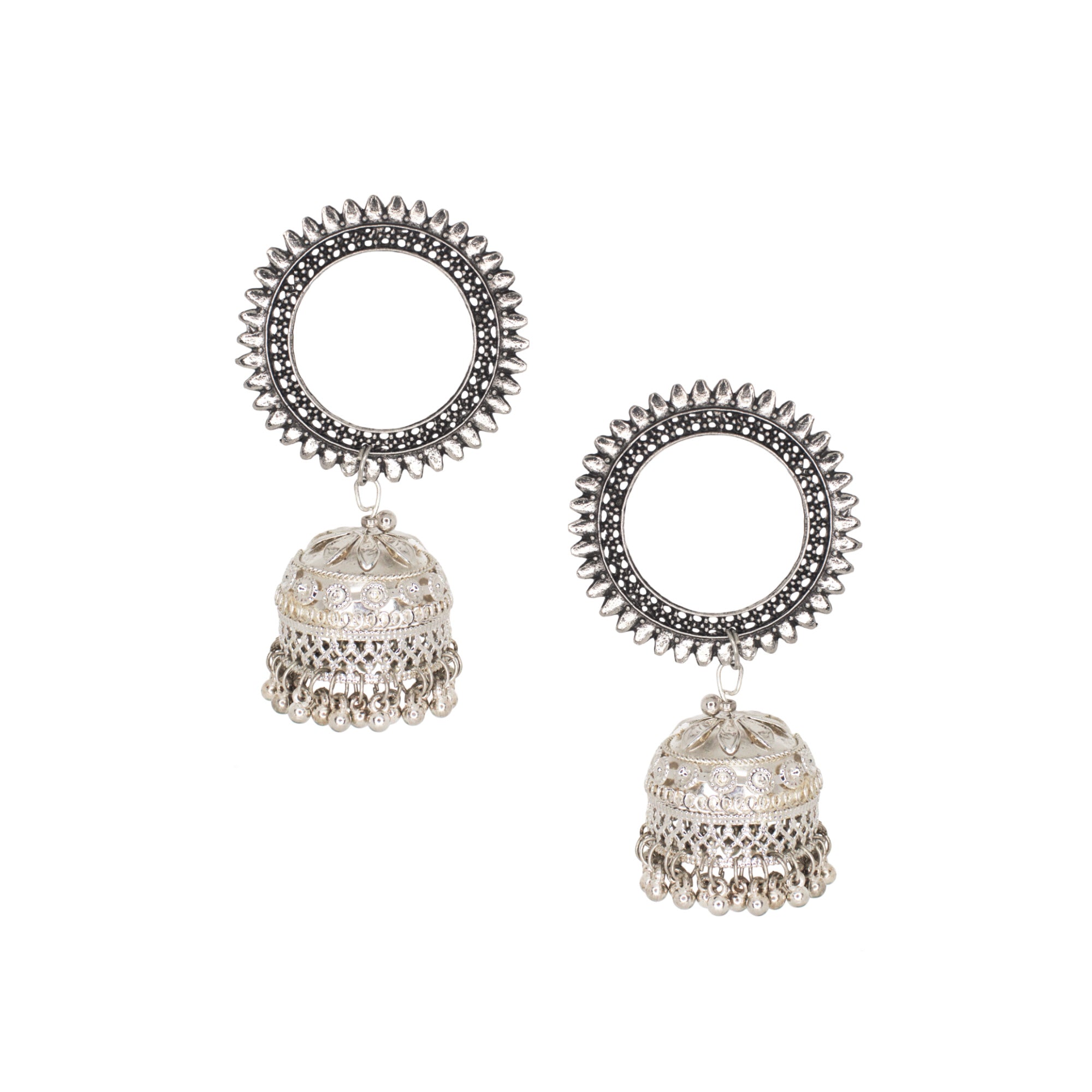 Abhinn Unique Silver Oxidised Floral Design Jhumka Earrings For Women