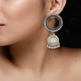Abhinn Unique Silver Oxidised Floral Design Jhumka Earrings For Women