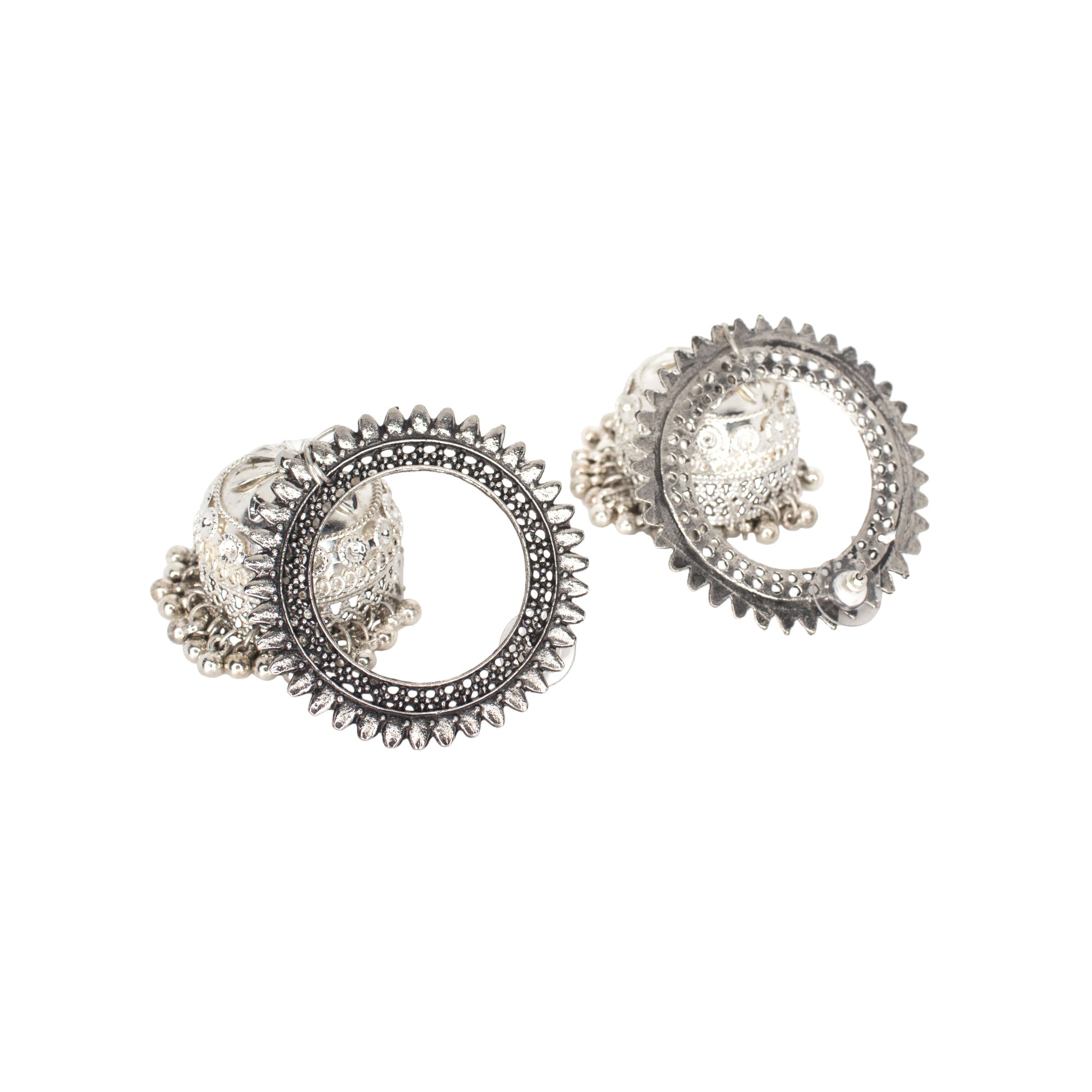 Abhinn Unique Silver Oxidised Floral Design Jhumka Earrings For Women