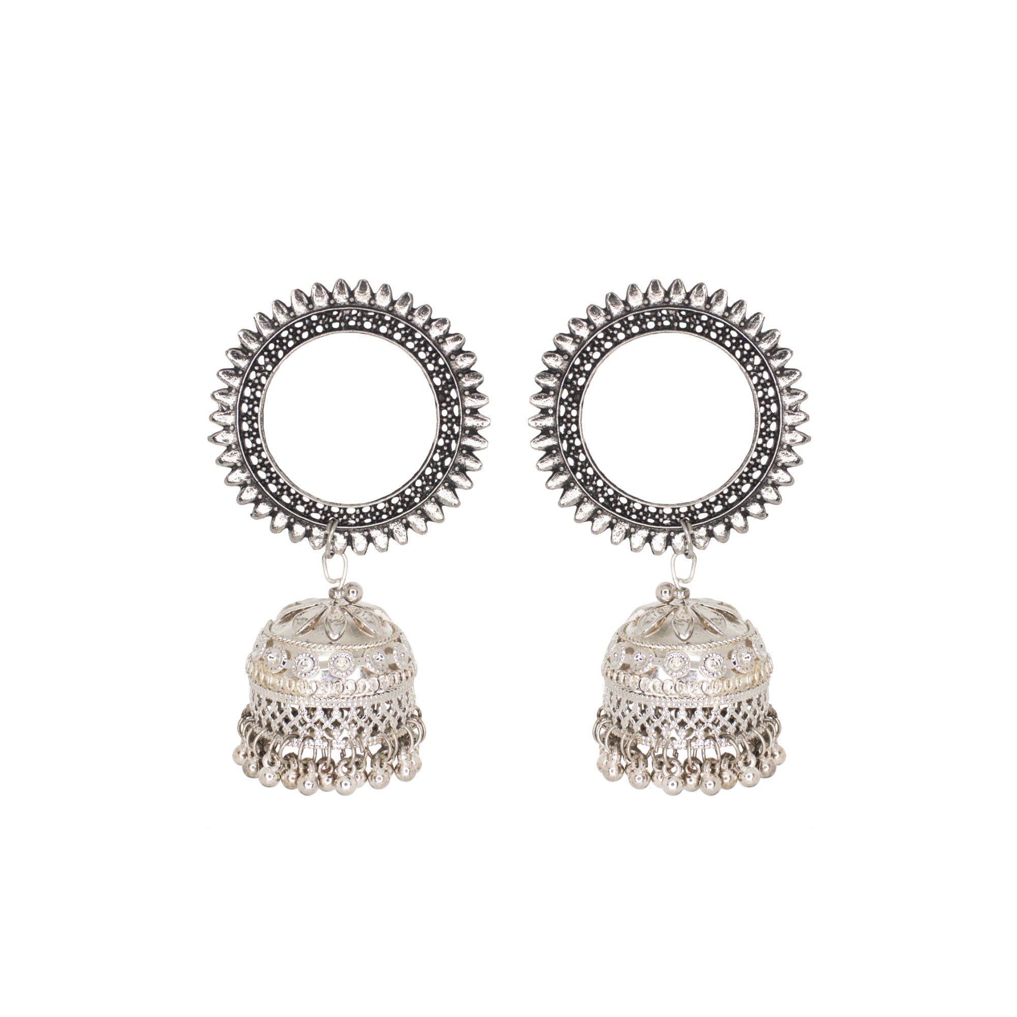 Abhinn Unique Silver Oxidised Floral Design Jhumka Earrings For Women