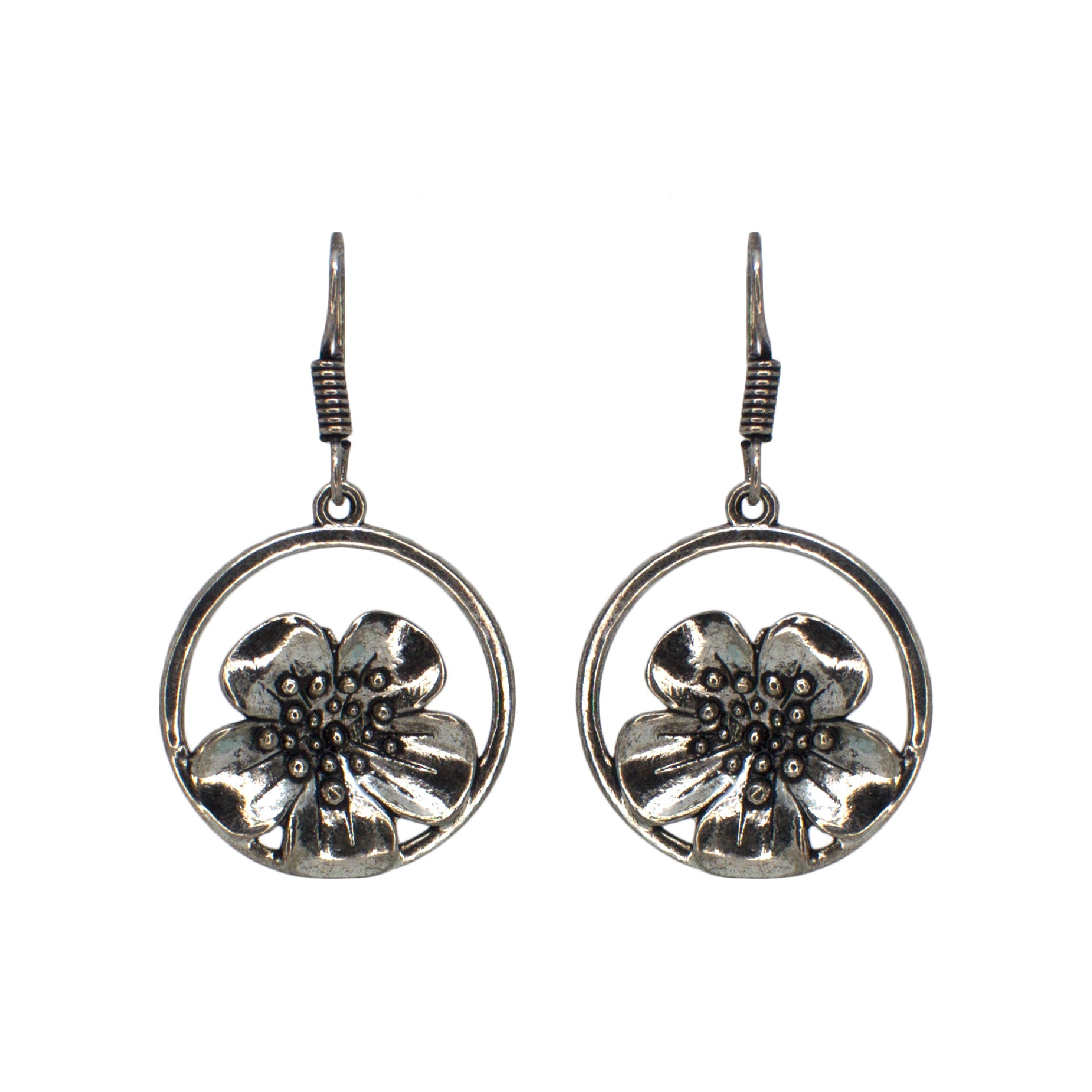 Abhinn Silver Oxidised Floral Design Dangler Fish Hook Earrings For Women