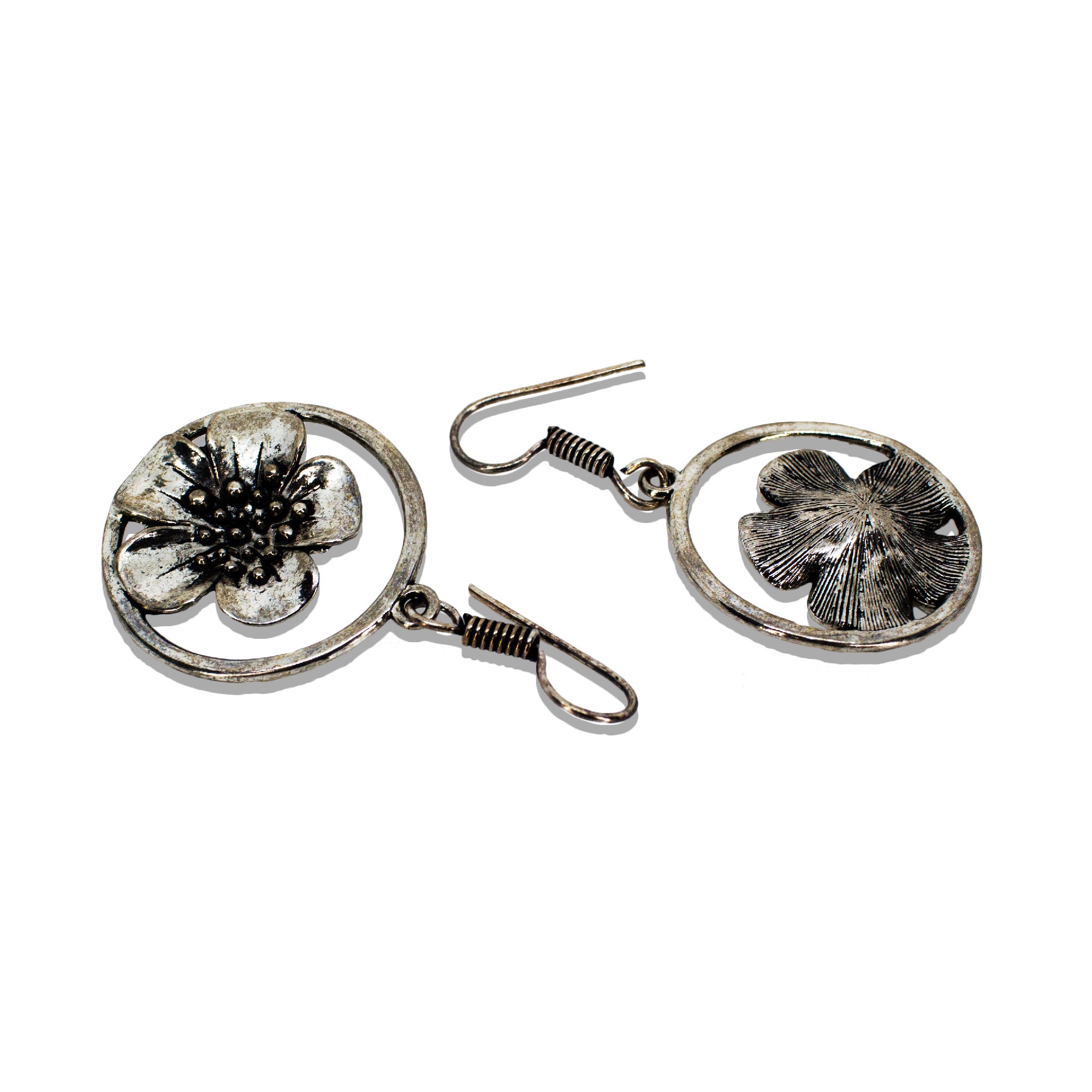 Abhinn Silver Oxidised Floral Design Dangler Fish Hook Earrings For Women
