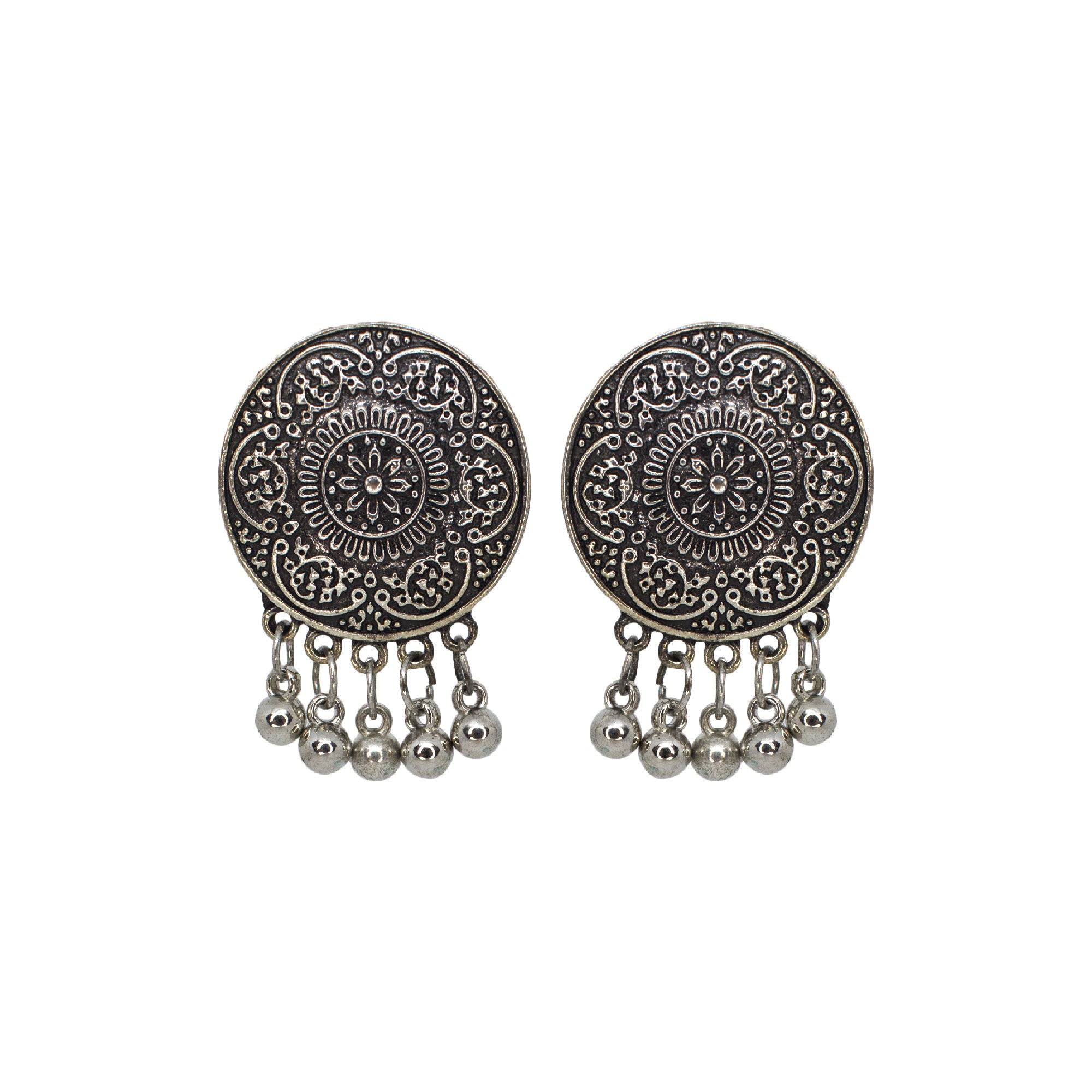 Floral Design Silver Oxidised Studs Earrings With Silver Beads