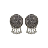 Floral Design Silver Oxidised Studs Earrings With Silver Beads