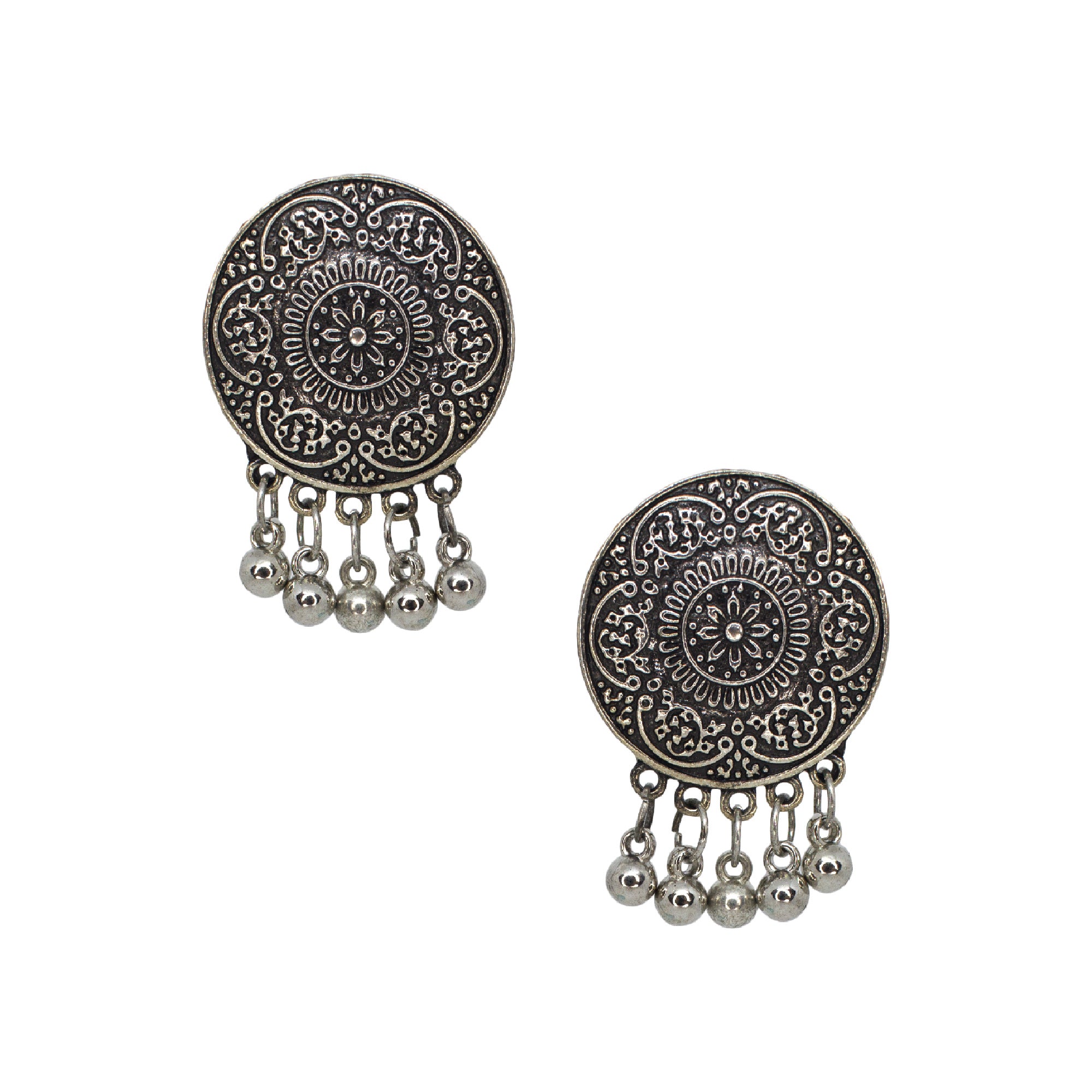 Floral Design Silver Oxidised Studs Earrings With Silver Beads