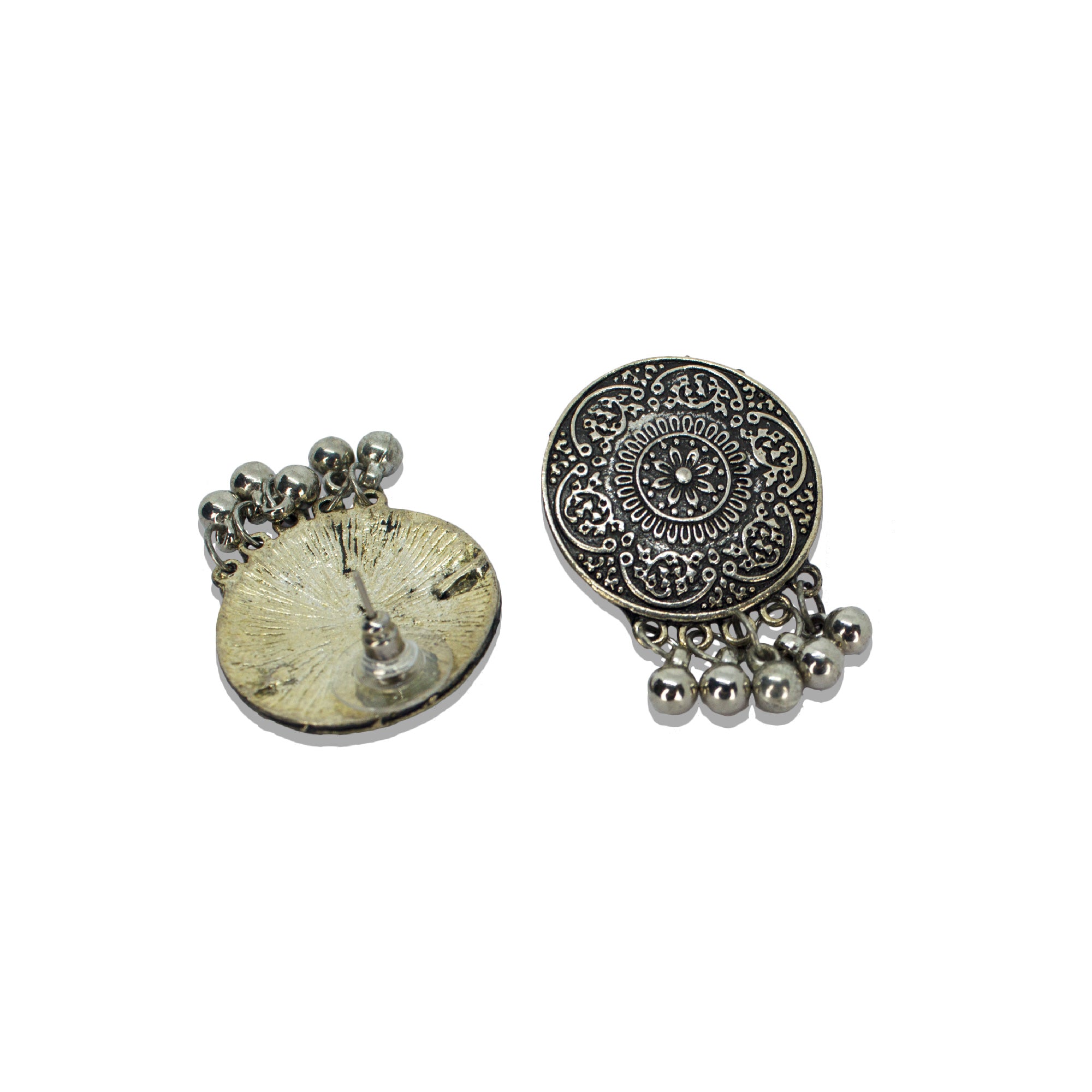 Floral Design Silver Oxidised Studs Earrings With Silver Beads