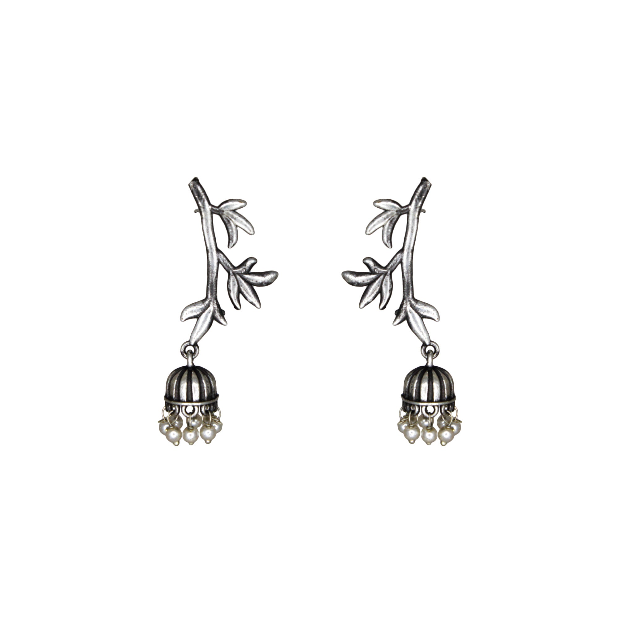 Abhinn Silver Replica Tree Branch Leaf Design Studs With Small Jhumki For Women