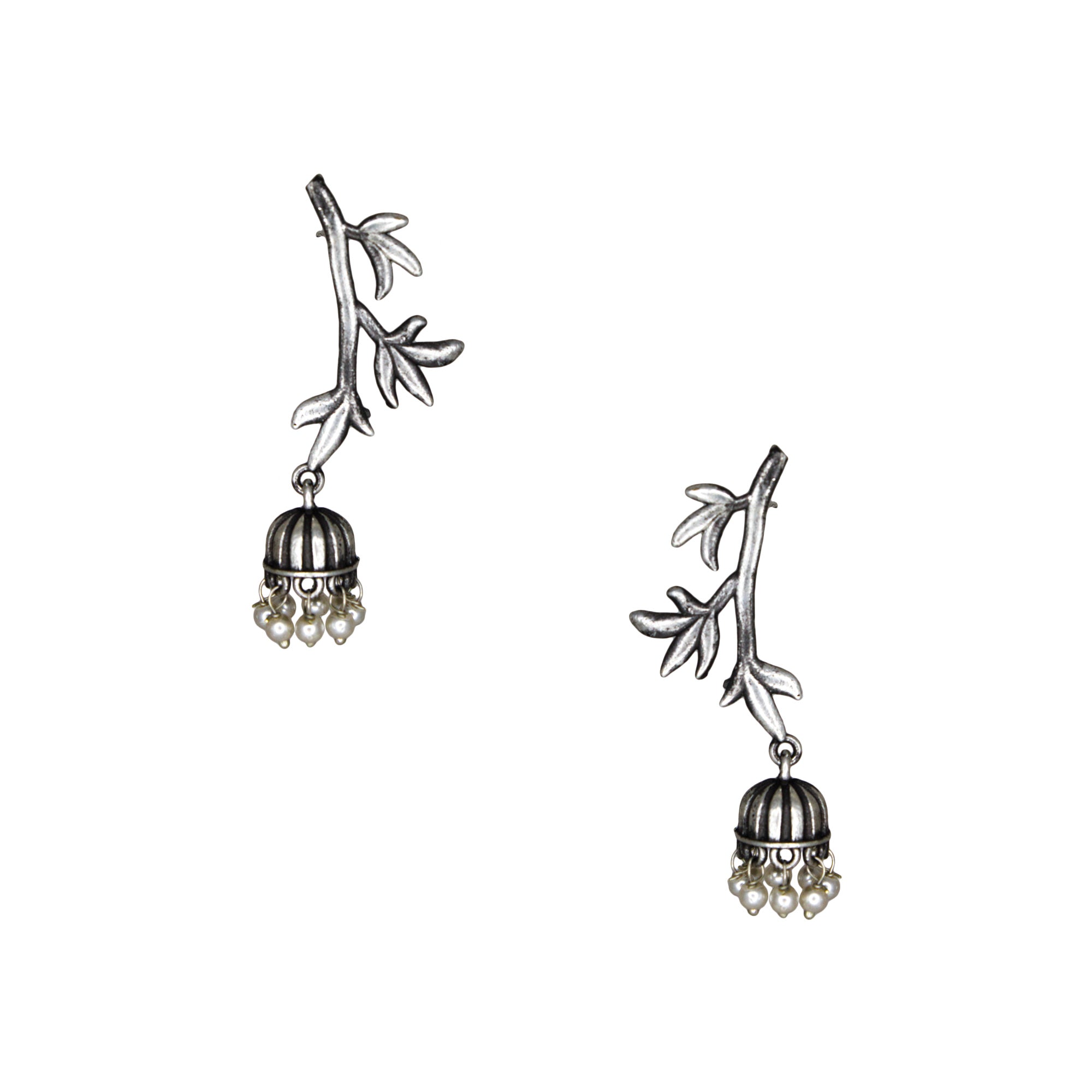 Abhinn Silver Replica Tree Branch Leaf Design Studs With Small Jhumki For Women