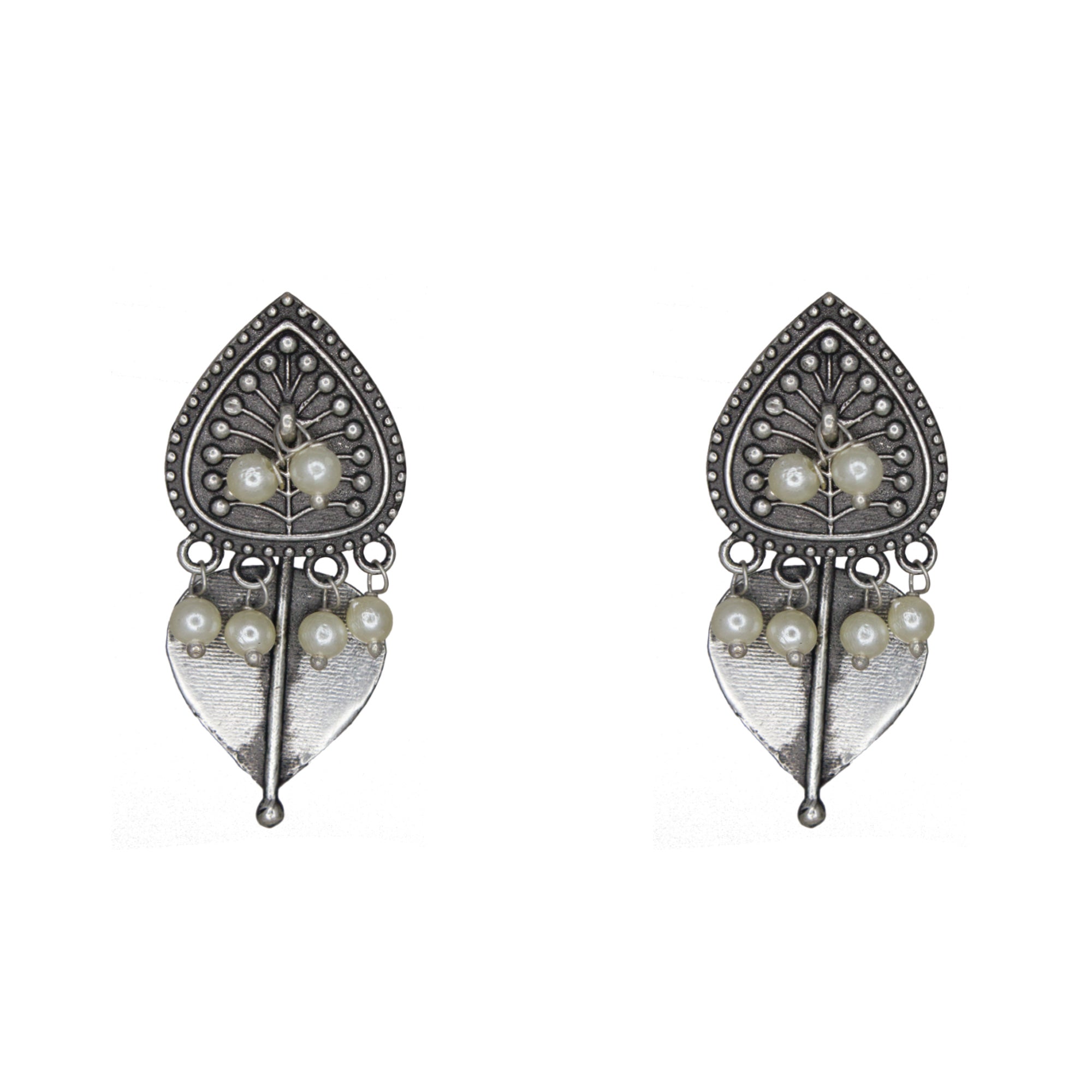 Abhinn Silver Replica Dual Leaf Design with Dangler Pearls Stud Earrings For Women