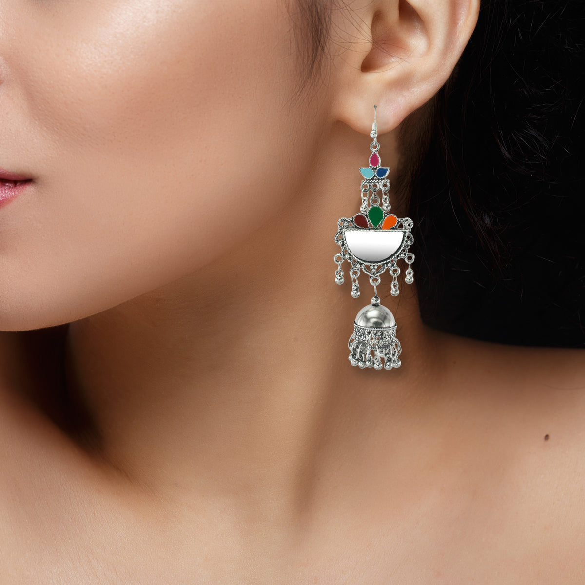 Abhinn Silver Oxidised Multi Coloured Meenakari Dangler With Jhumki Earrings For Girls