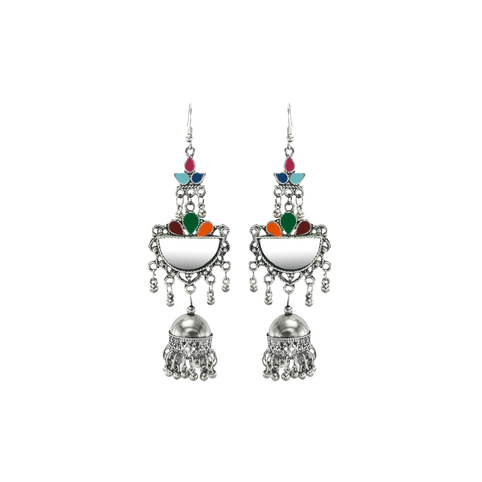 Abhinn Silver Oxidised Multi Coloured Meenakari Dangler With Jhumki Earrings For Girls