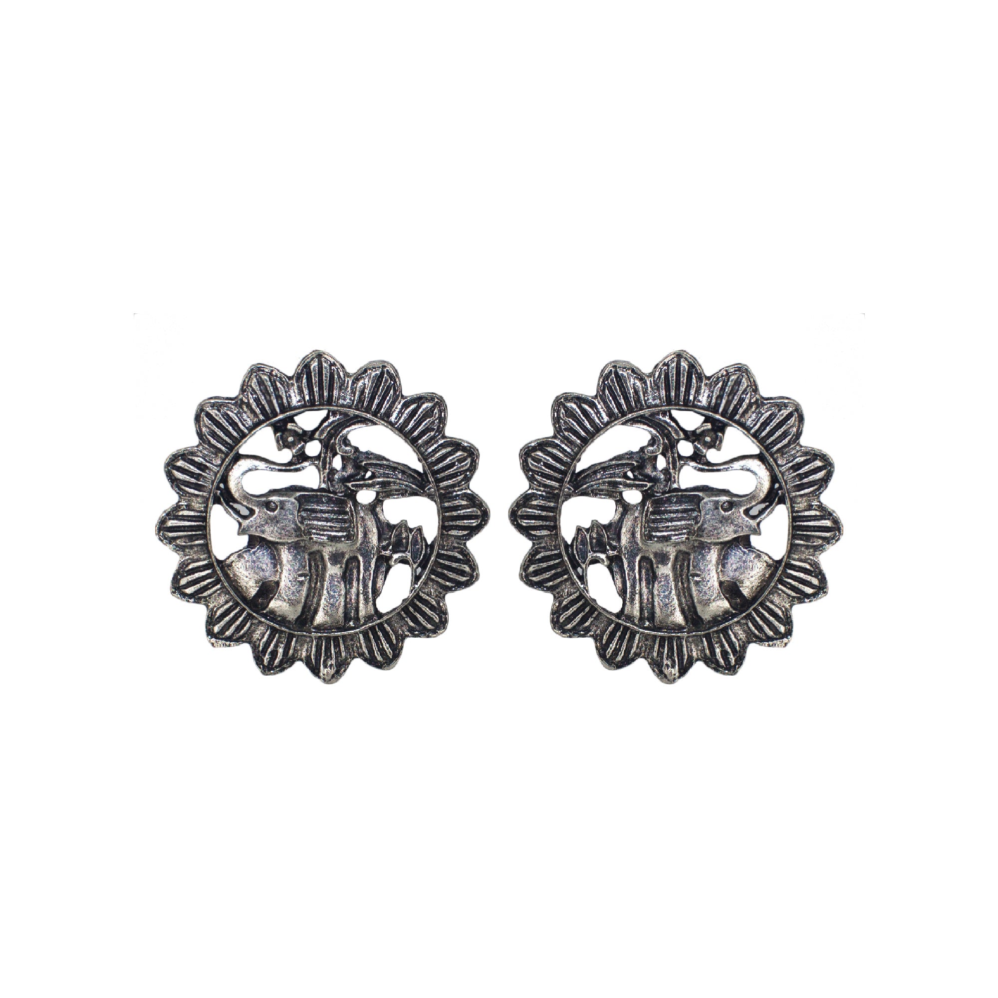 Abhinn Silver Oxidised Sun Shaped Elephant Design Big Stud Earrings For Women 