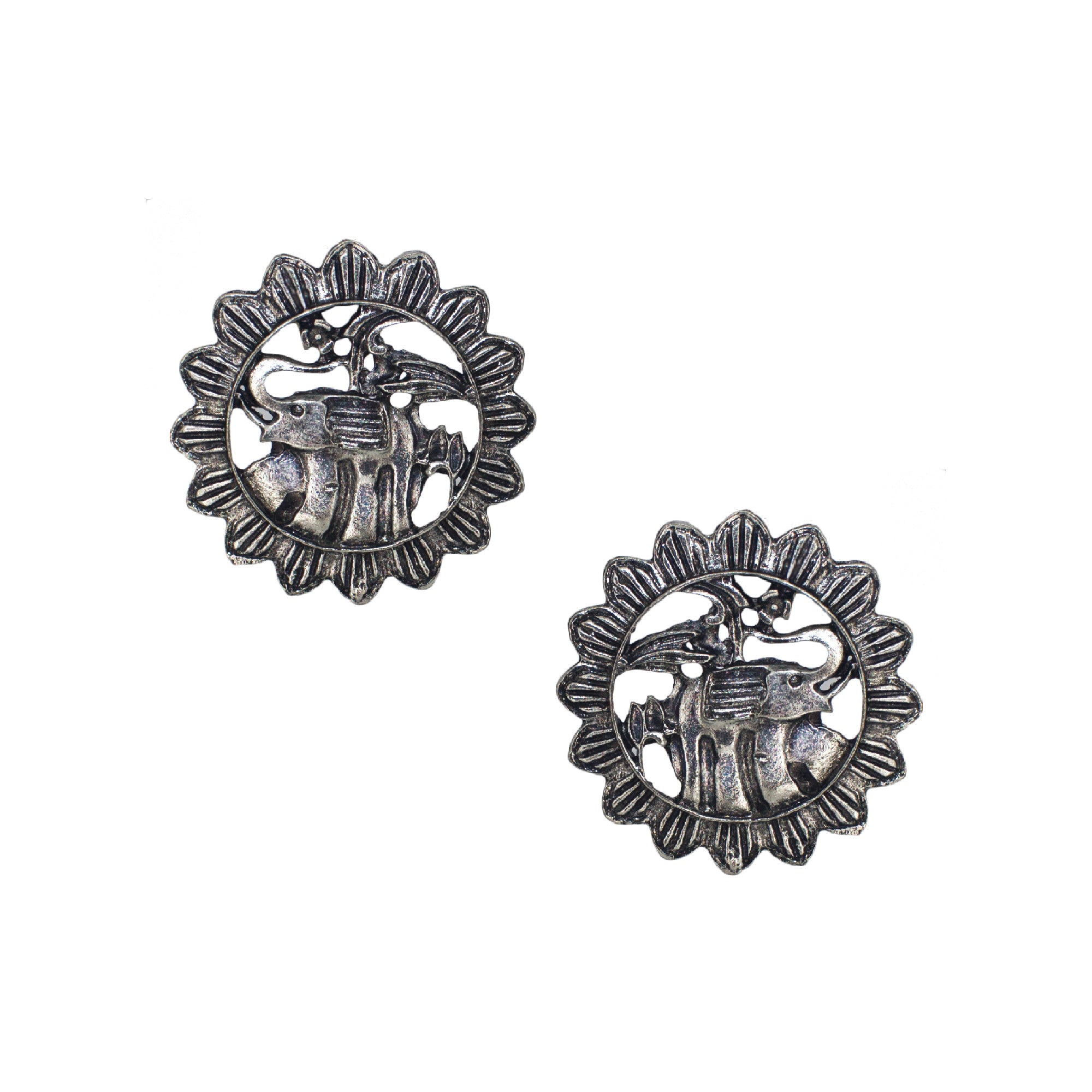 Abhinn Silver Oxidised Sun Shaped Elephant Design Big Stud Earrings For Women